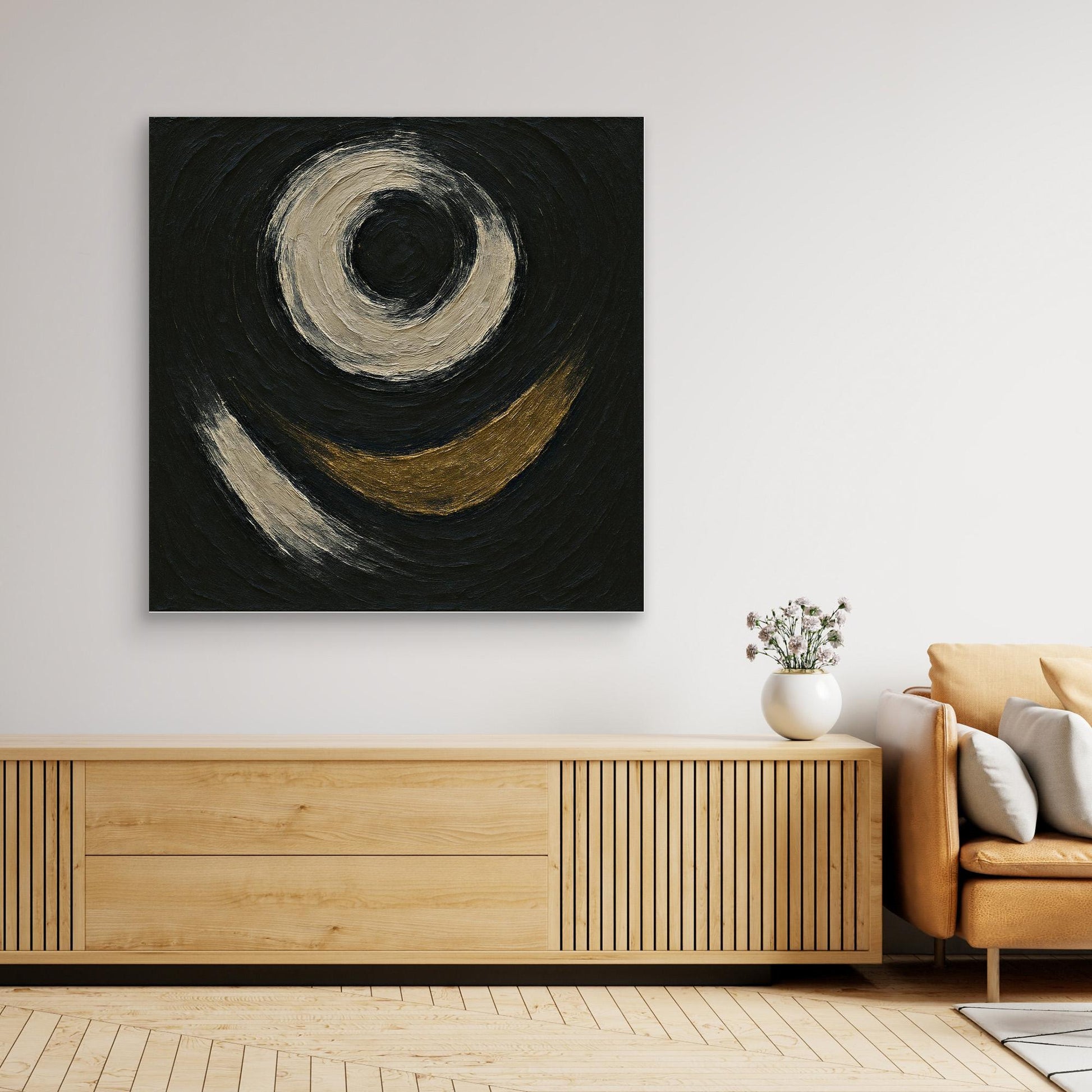 Abstract Circle Canvas Wall Art – Textured Black and Gold Print