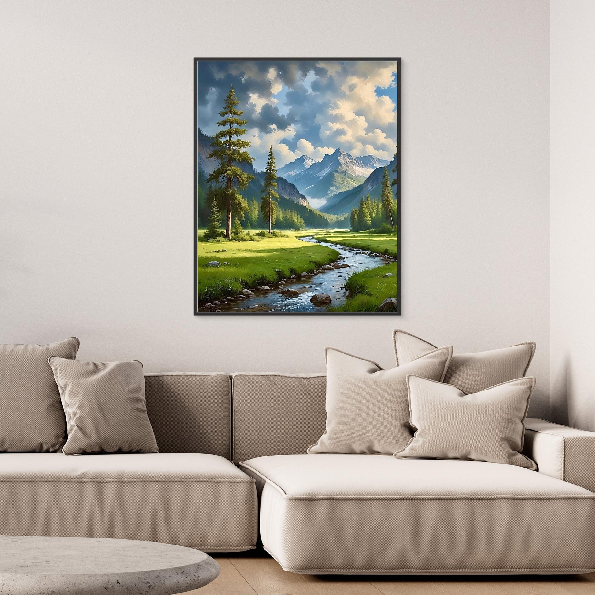 Mountain Valley Canvas Wall Art – Scenic River, Forest & Clouds Landscape Print