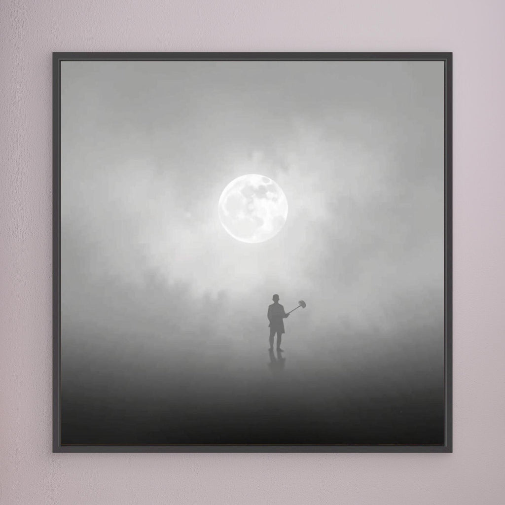The Digger of Dreams – Minimalist Misty Landscape Art with Full Moon & Shovel Silhouette”