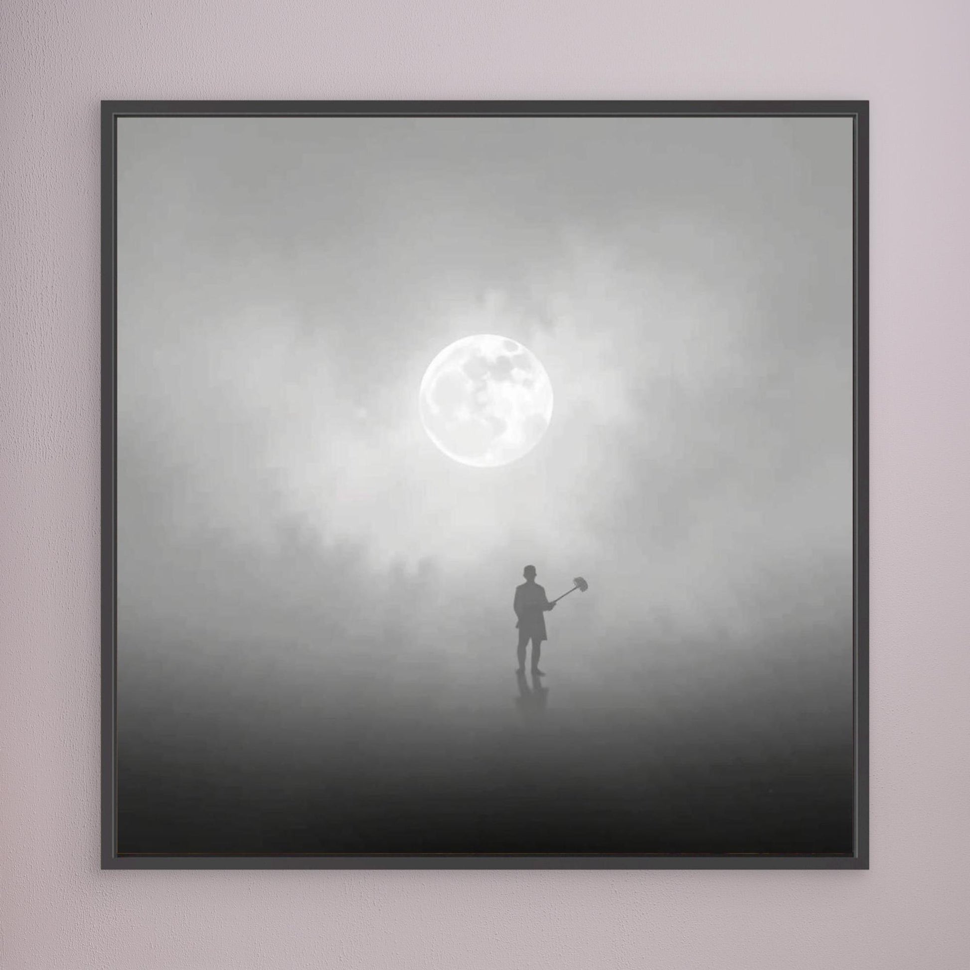 The Digger of Dreams – Minimalist Misty Landscape Art with Full Moon & Shovel Silhouette”