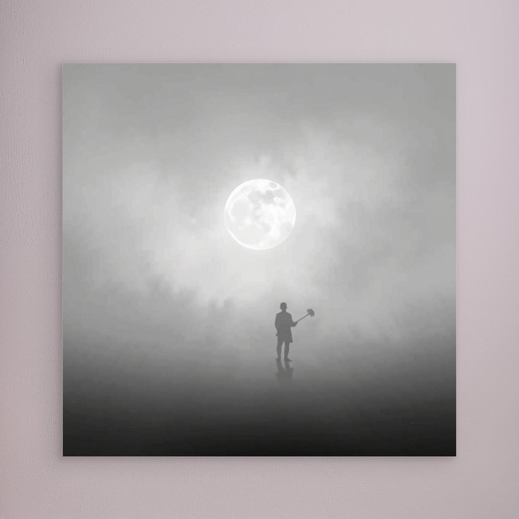 The Digger of Dreams – Minimalist Misty Landscape Art with Full Moon & Shovel Silhouette”