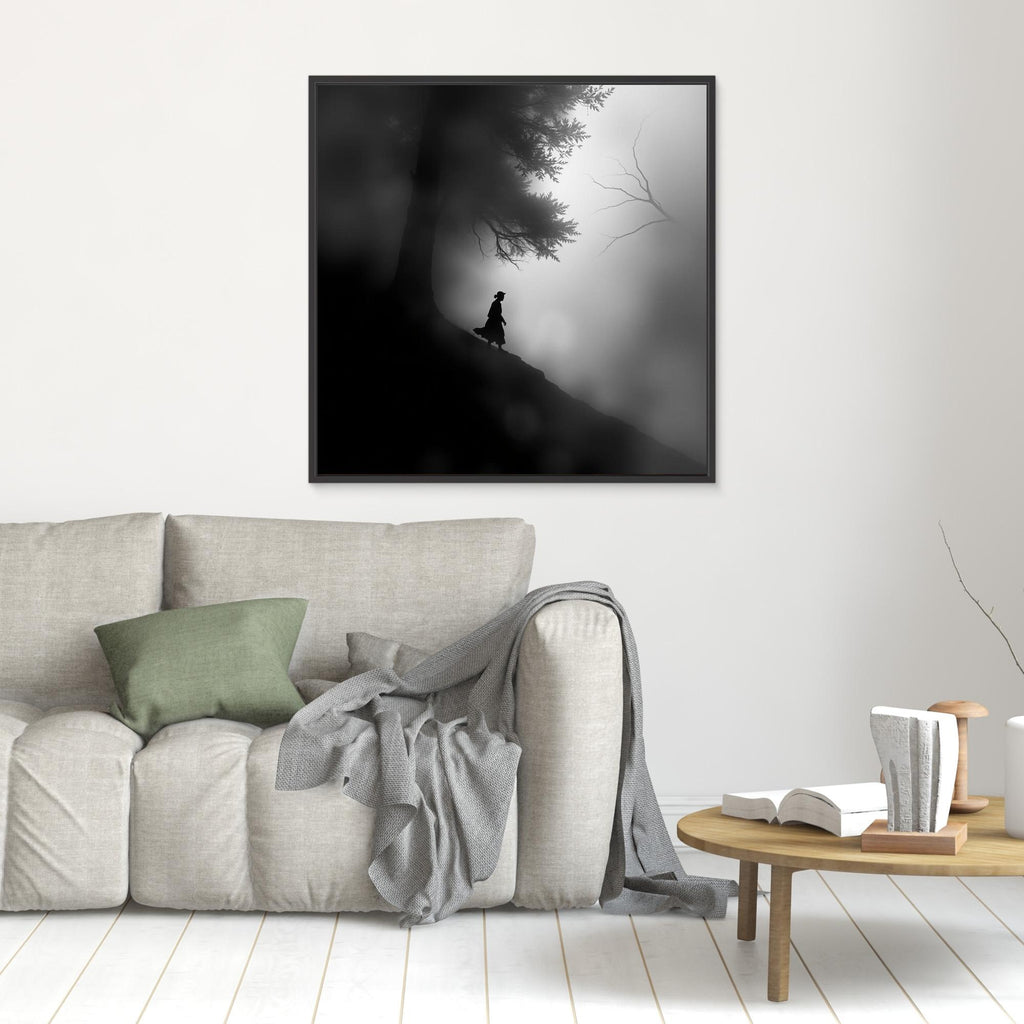 Mystic Walk Through the Fog – Black and White Nature Canvas Wall Art