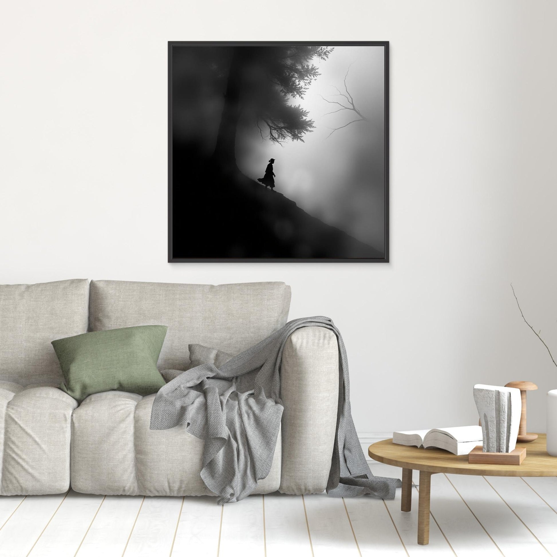 Mystic Walk Through the Fog – Black and White Nature Canvas Wall Art