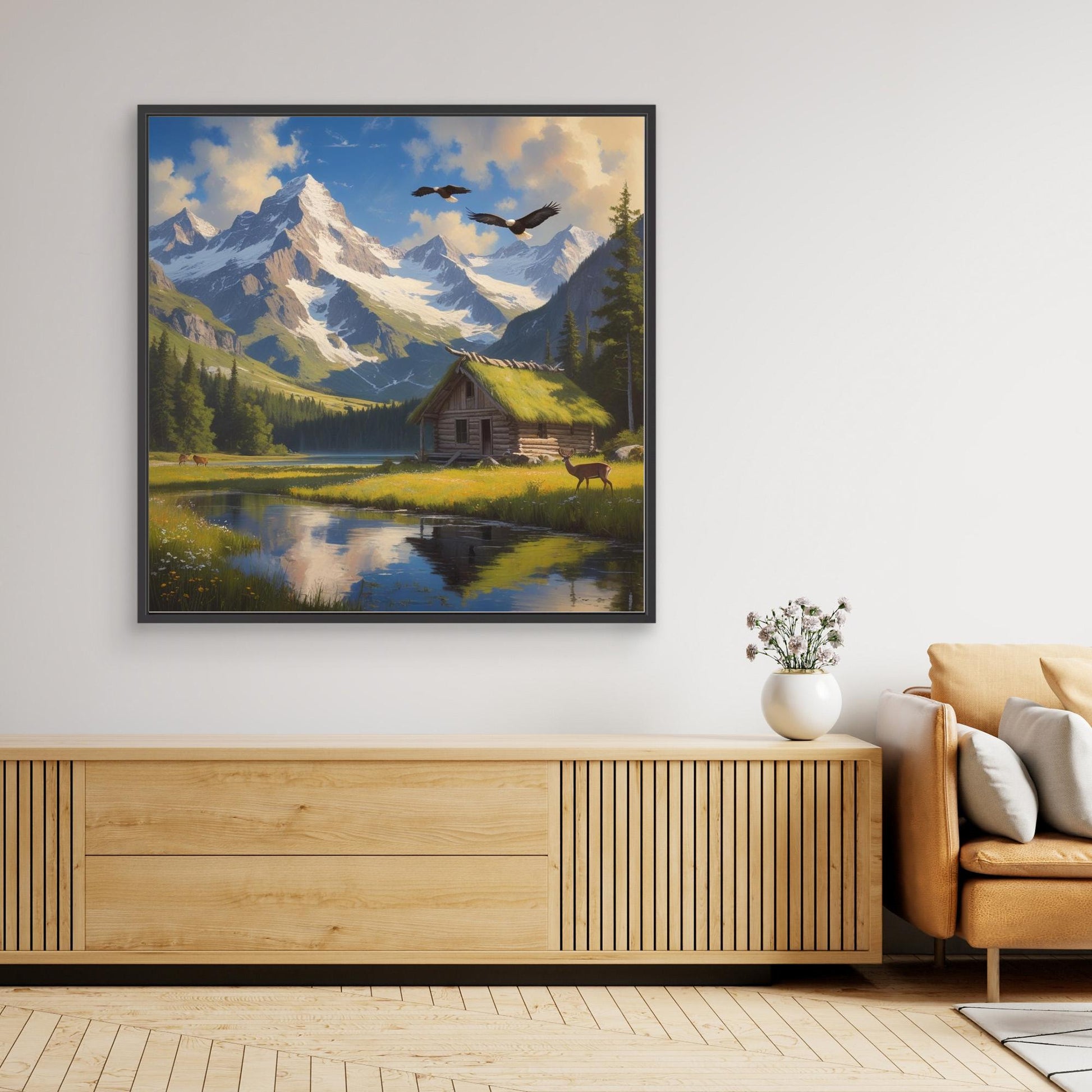 Still Waters Cabin – Mountain Landscape with Wildlife Canvas Art