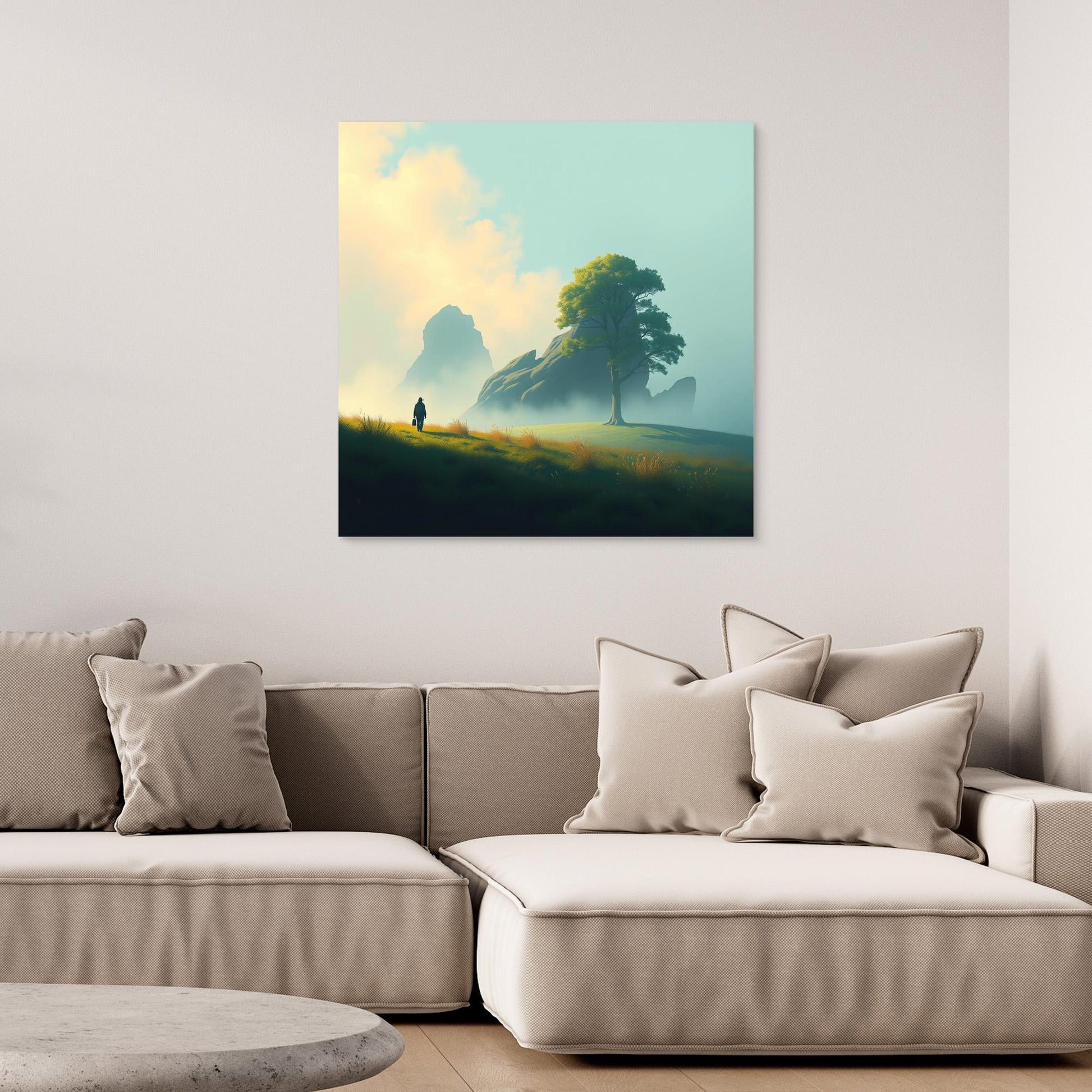 Lone Journey – Minimalist Nature Canvas Print | Serene Landscape Wall Art with Tree and Mountains