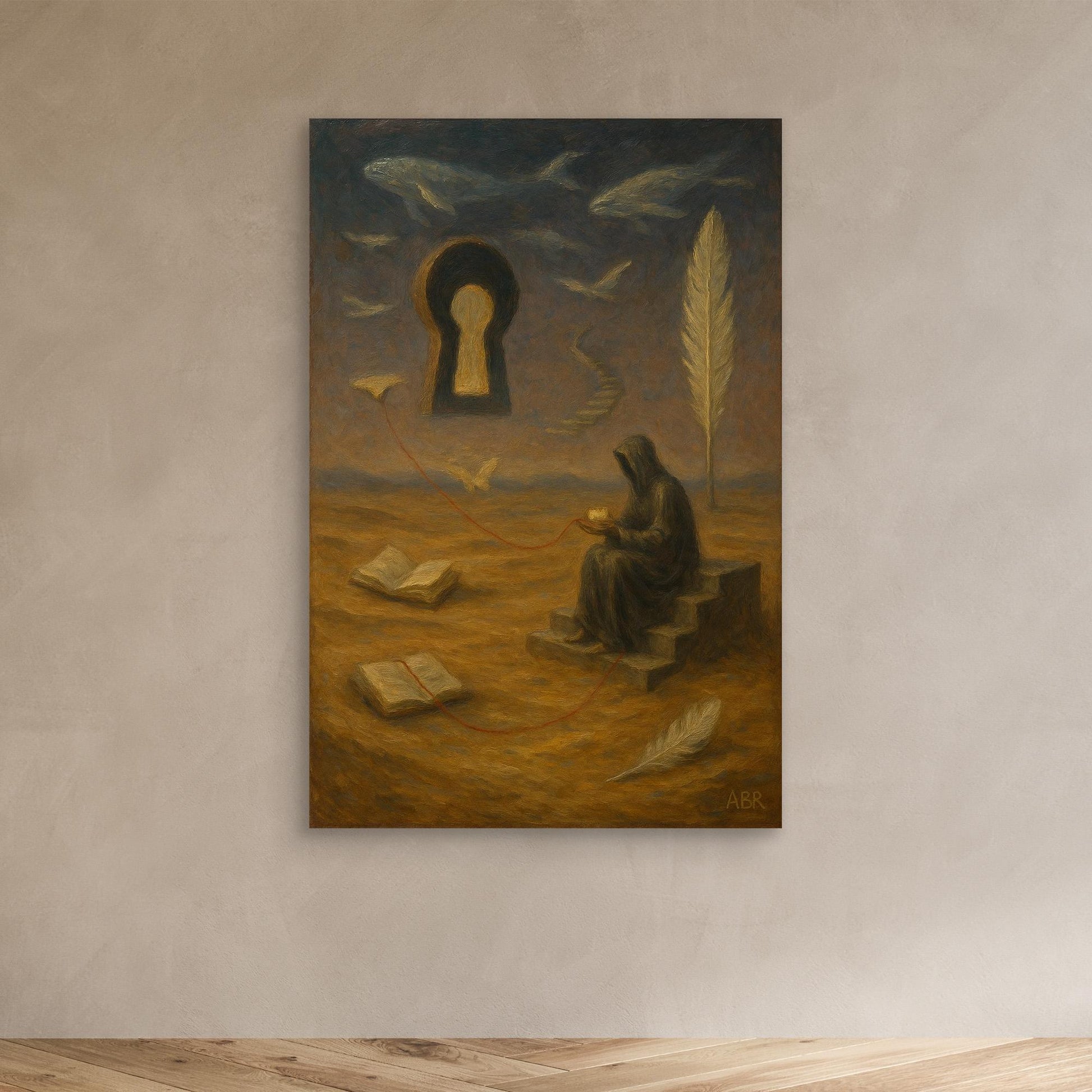 Surreal Canvas Wall Art – Hooded Figure and Keyhole