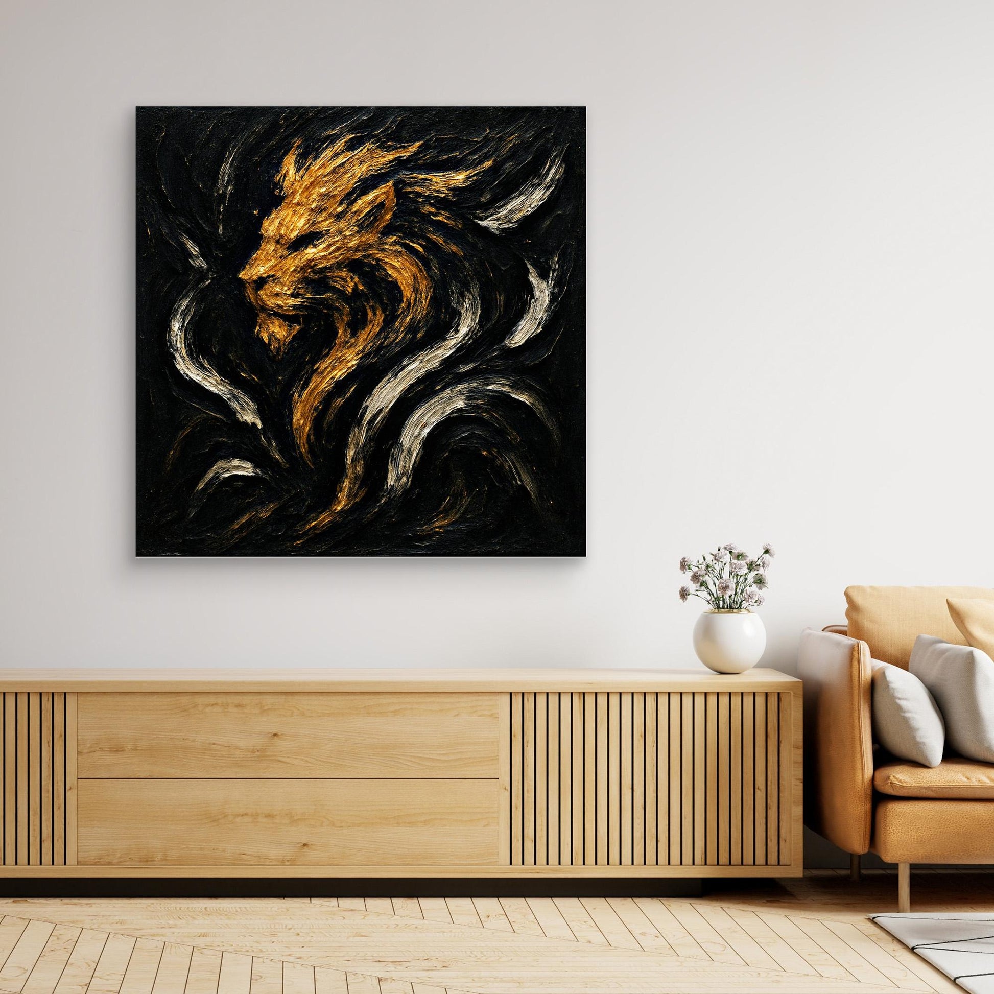 Abstract Lion Canvas Wall Art – Gold and Black Modern Print