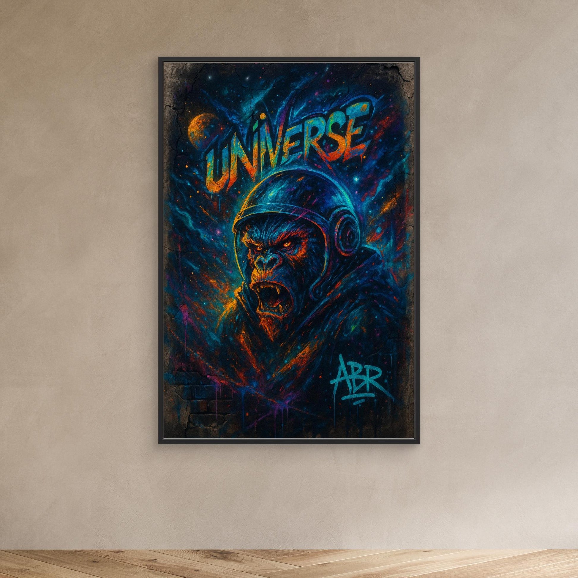 Astronaut Gorilla Canvas Wall Art – Urban Neon Space Graffiti