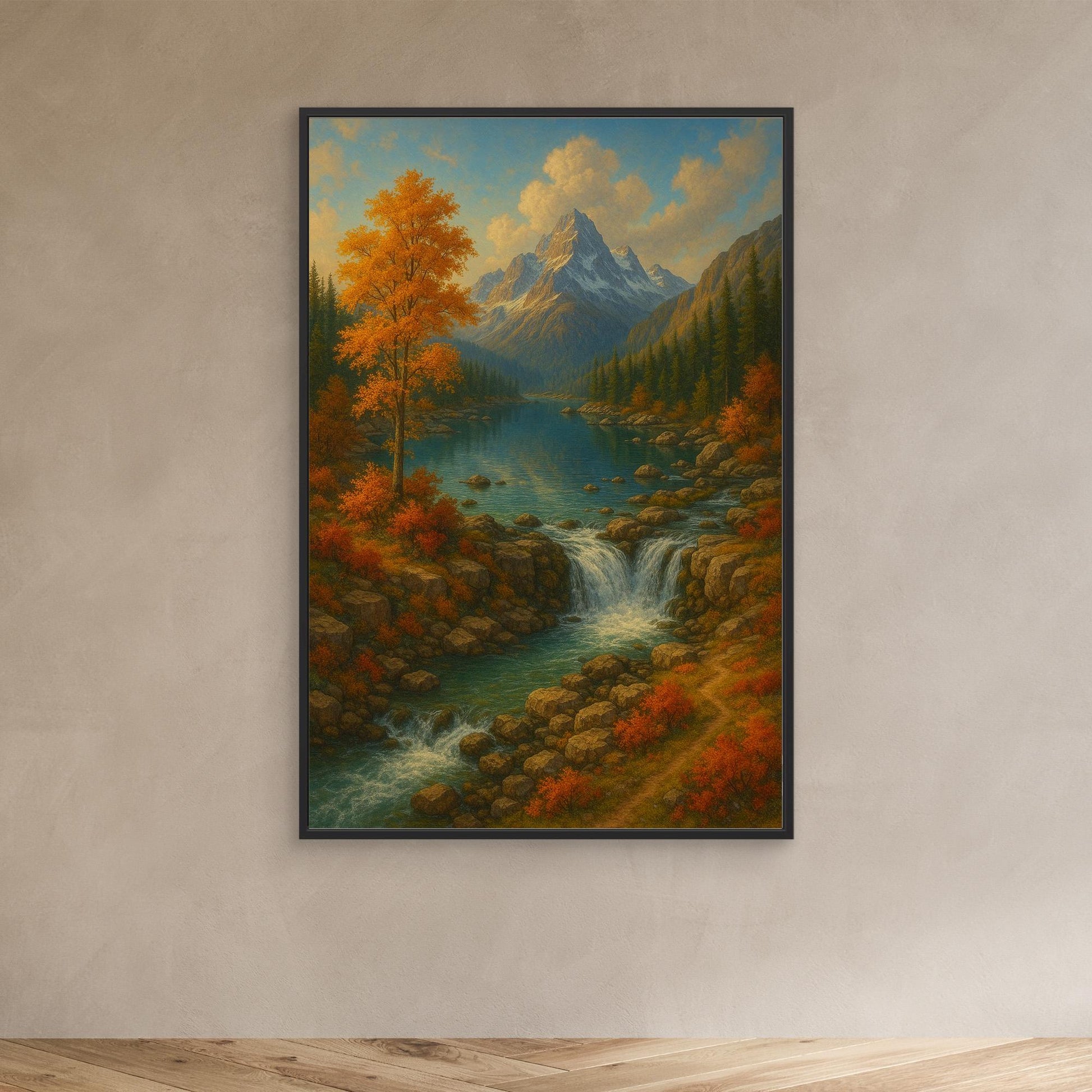 Mountain Waterfall Canvas Wall Art – Autumn Nature Landscape Print