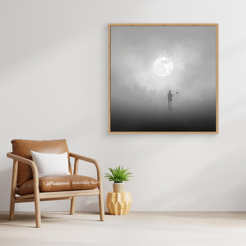 The Digger of Dreams – Minimalist Misty Landscape Art with Full Moon & Shovel Silhouette”