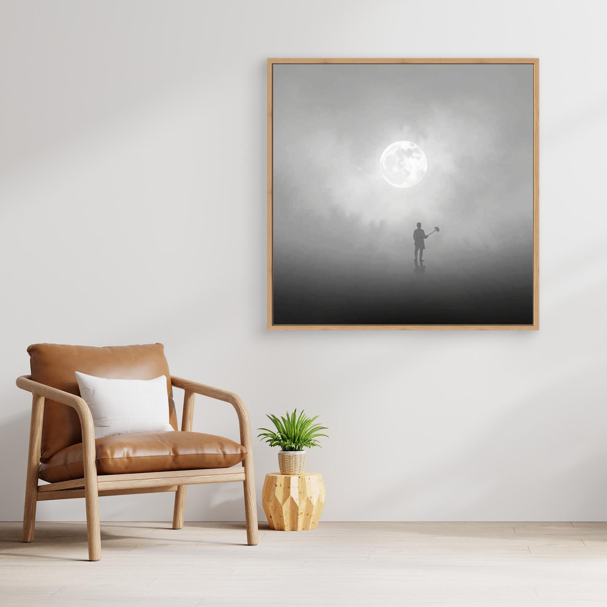 The Digger of Dreams – Minimalist Misty Landscape Art with Full Moon & Shovel Silhouette”