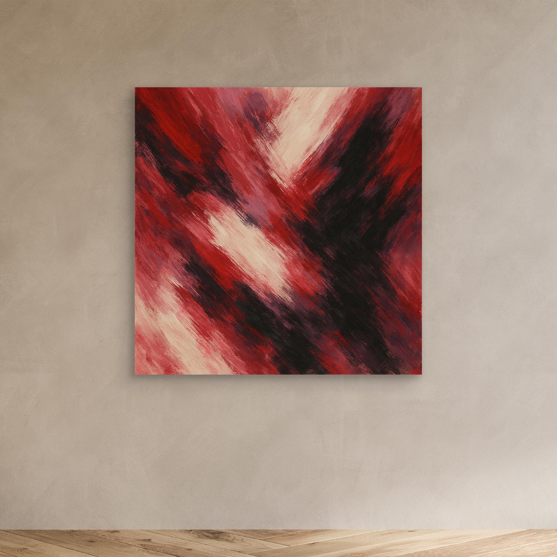 Dynamic abstract digital artwork featuring bold diagonal brushstrokes in red, black, burgundy, and cream tones. Square format. Instant download wall art.