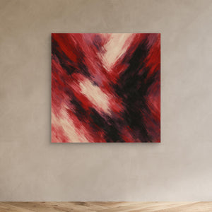 Dynamic abstract digital artwork featuring bold diagonal brushstrokes in red, black, burgundy, and cream tones. Square format. Instant download wall art.