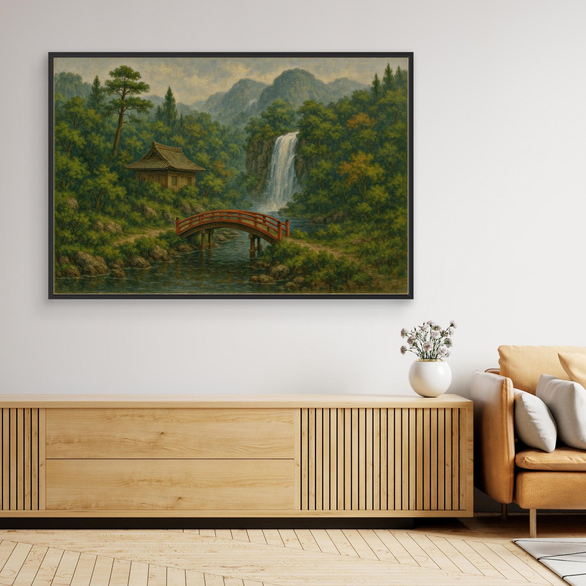 Japanese Bridge & Waterfall Canvas Wall Art – Tranquil Nature Landscape Print