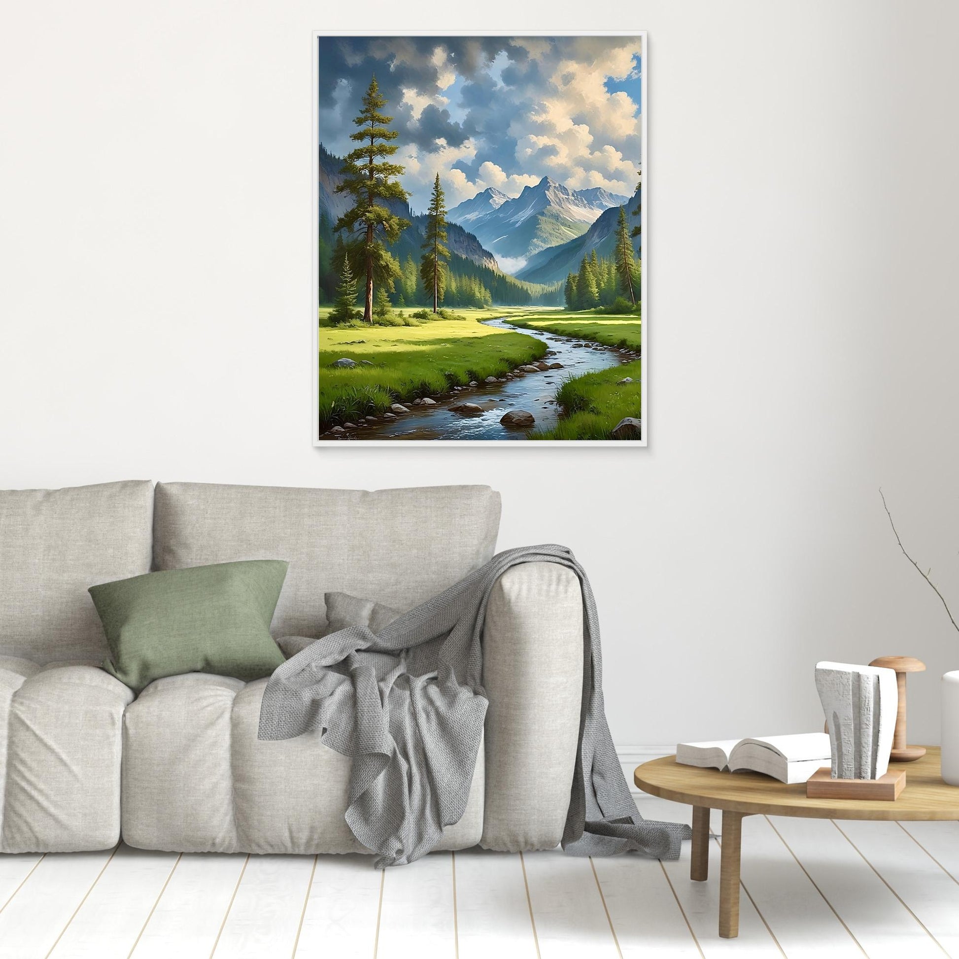Mountain Valley Canvas Wall Art – Scenic River, Forest & Clouds Landscape Print
