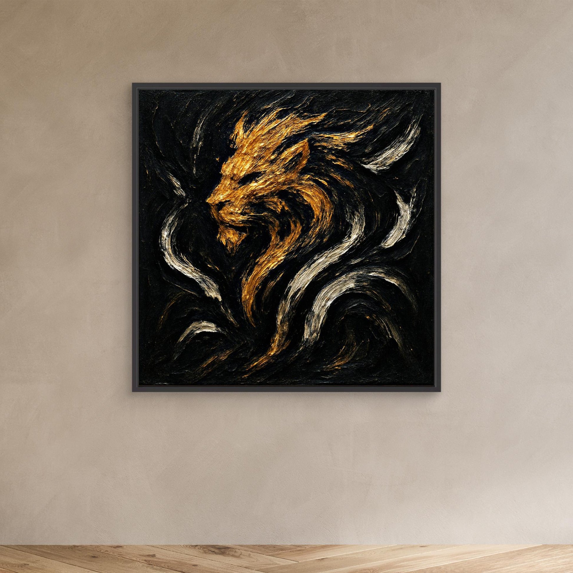 Abstract Lion Canvas Wall Art – Gold and Black Modern Print