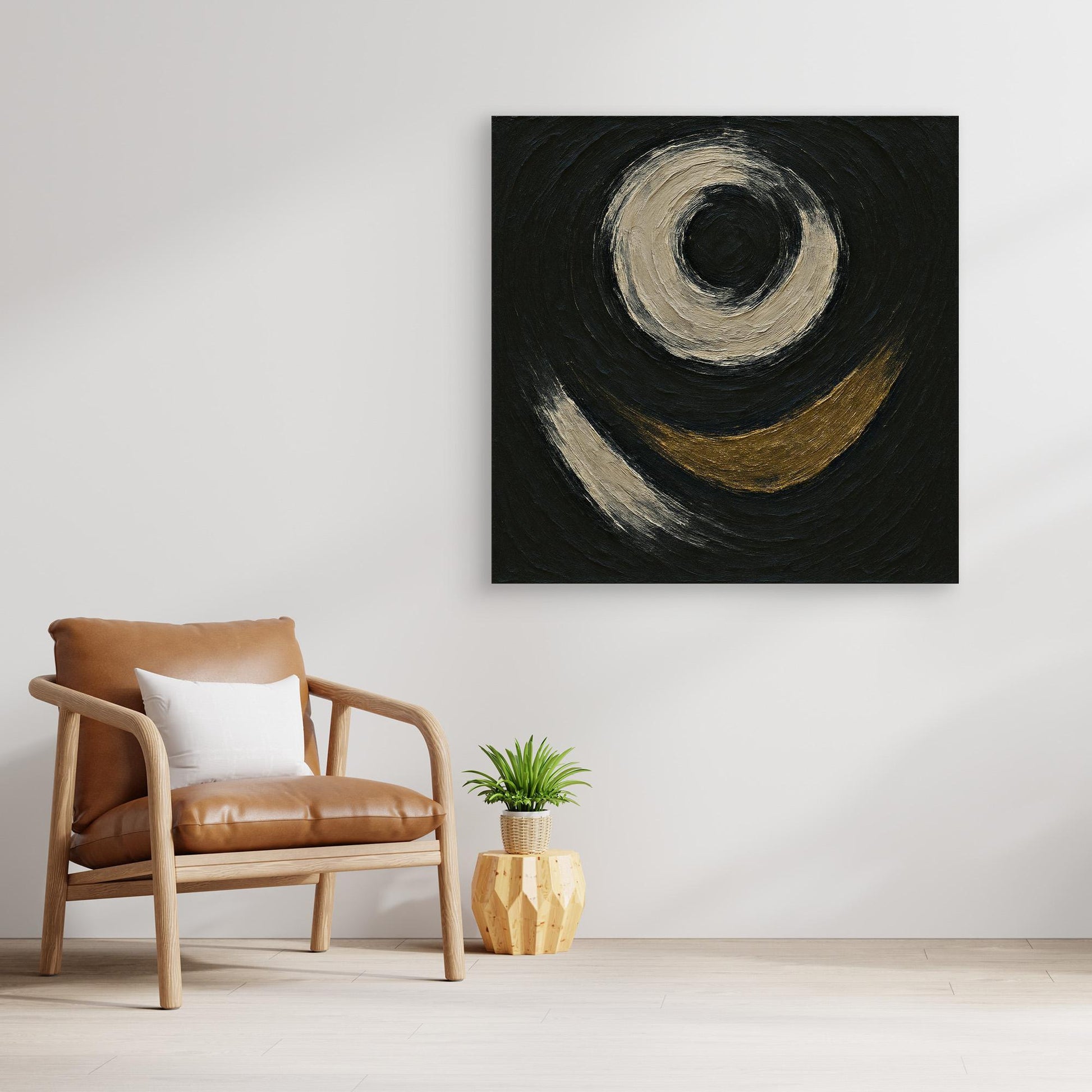 Abstract Circle Canvas Wall Art – Textured Black and Gold Print