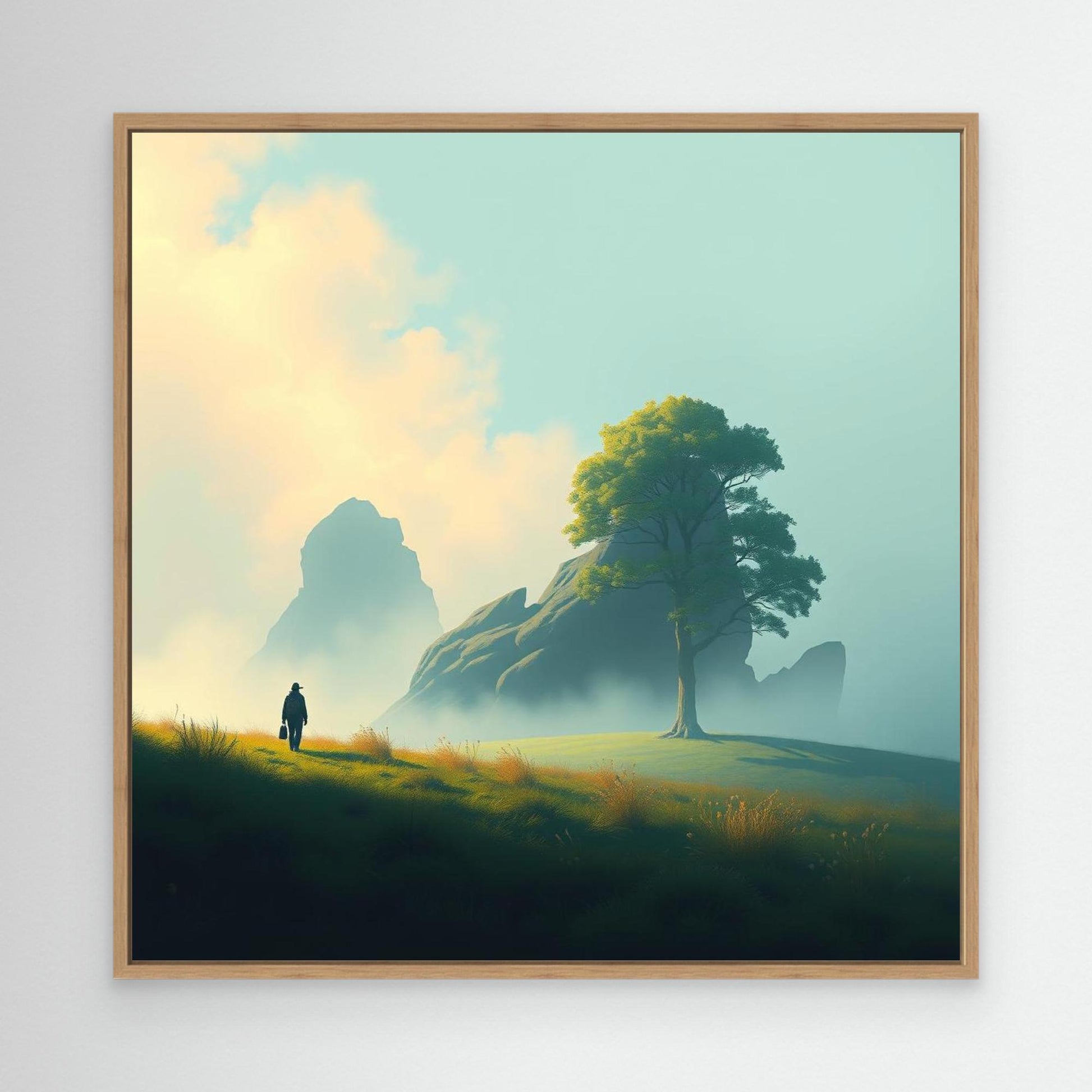 Lone Journey – Minimalist Nature Canvas Print | Serene Landscape Wall Art with Tree and Mountains