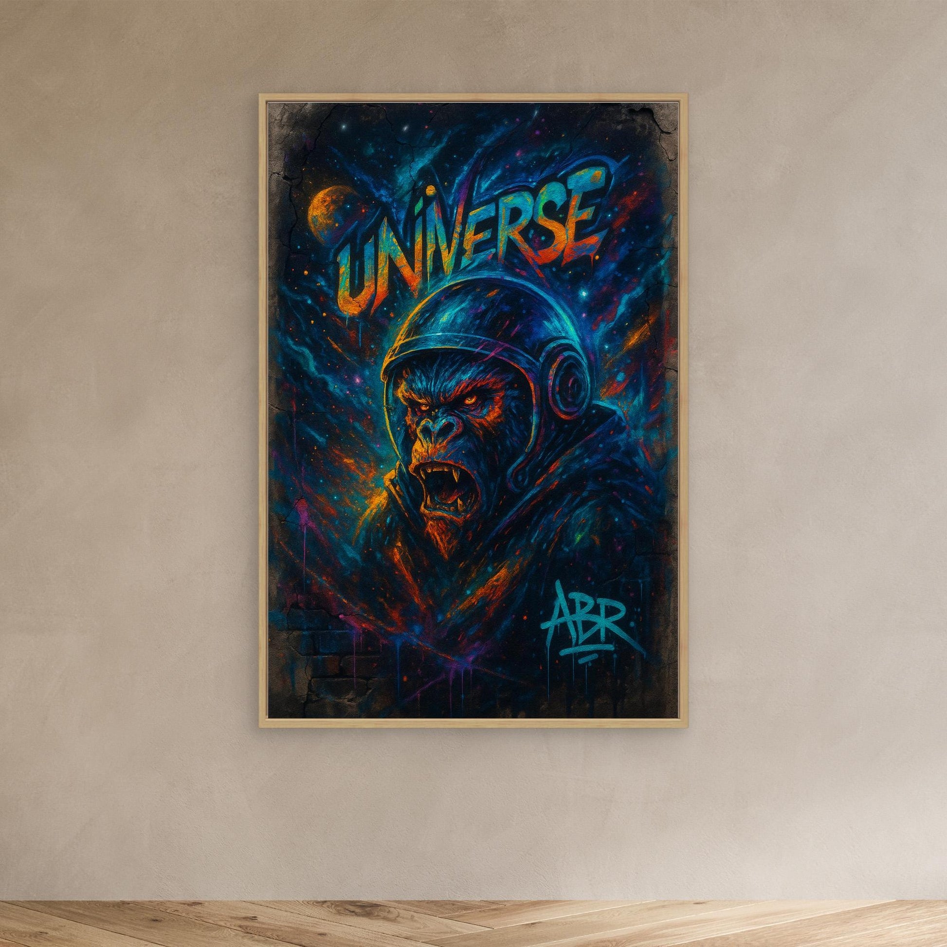 Astronaut Gorilla Canvas Wall Art – Urban Neon Space Graffiti