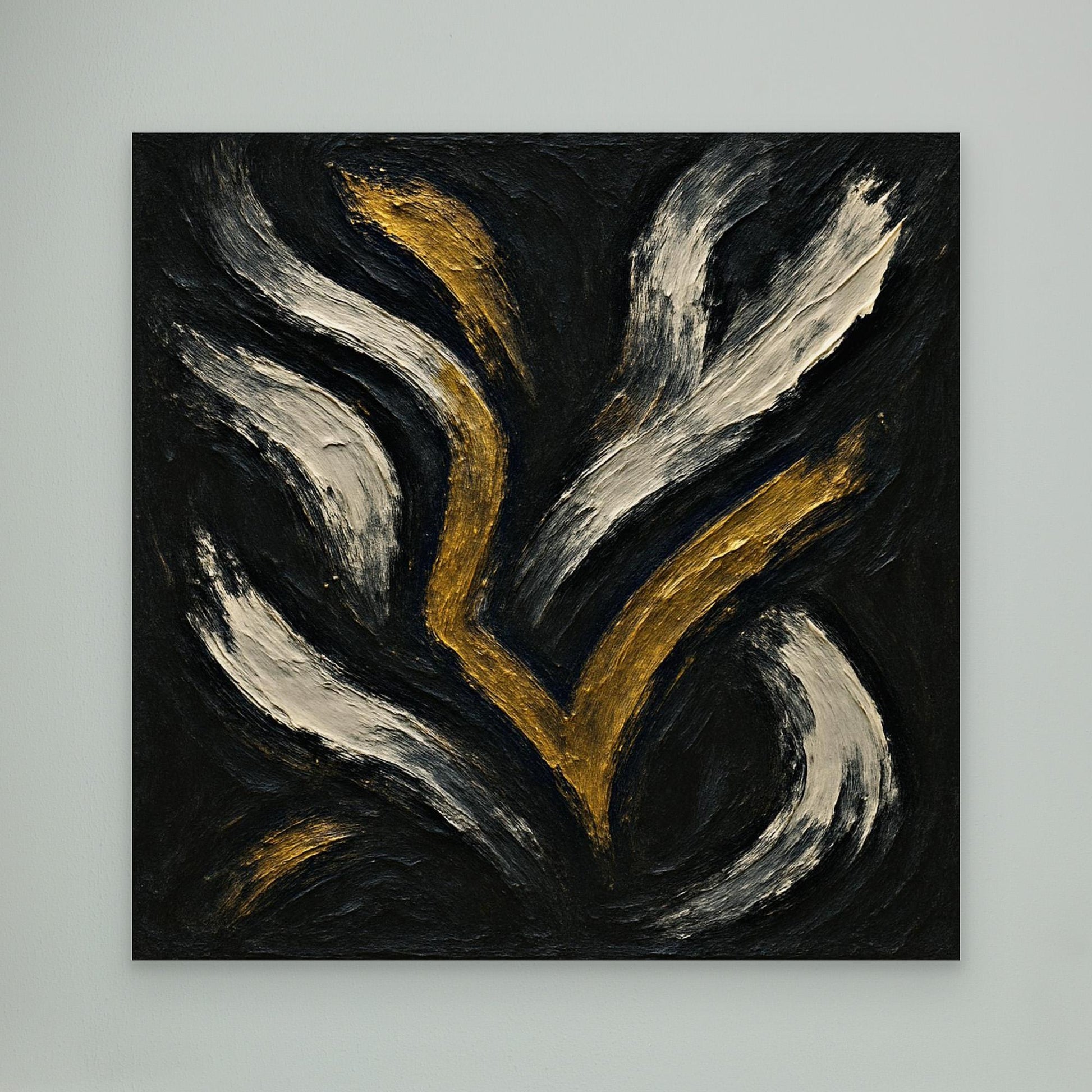 Gold and White Abstract Canvas Wall Art – Flowing Brush Design