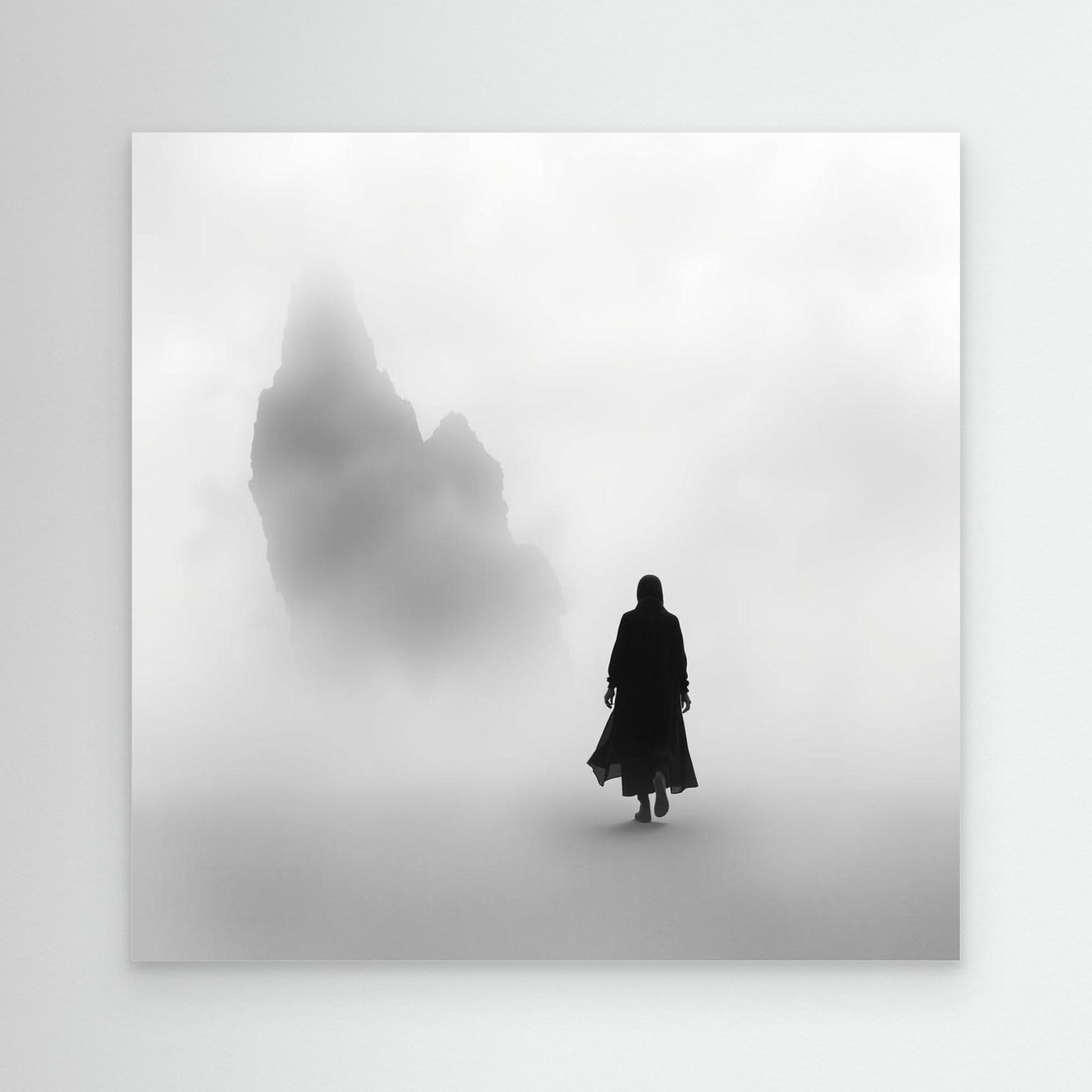Into the Silence – Minimalist Black and White Canvas Art of Solitary Figure in Foggy Landscape