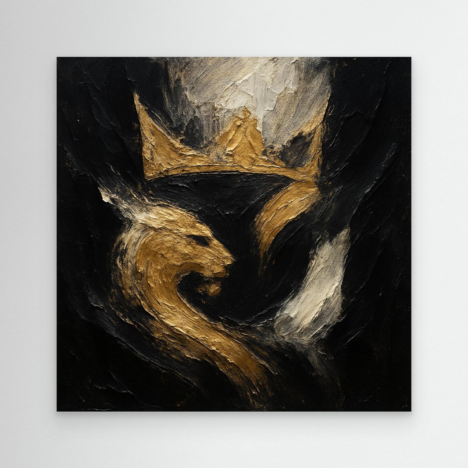 Crowned Lion Canvas Wall Art – Abstract Gold and Black Painting