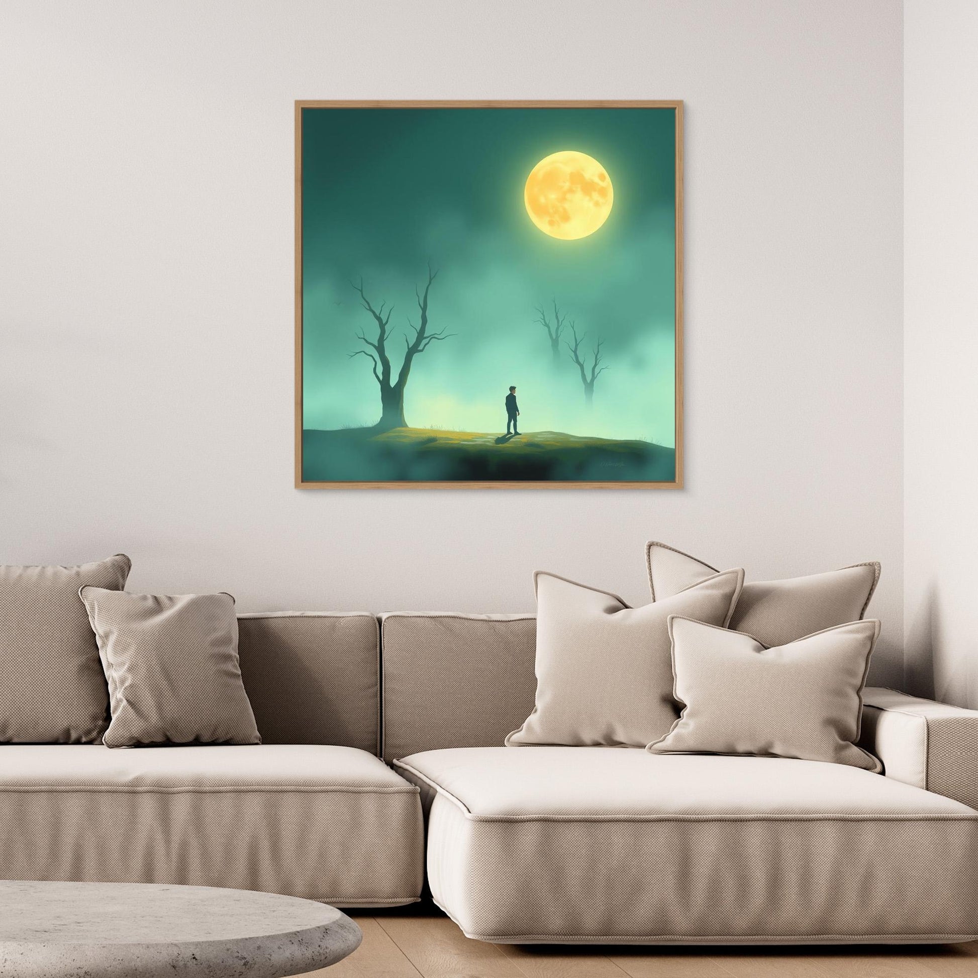 Minimalist Moonlight Silence – Serene Canvas Wall Art in Fog and Full Moonlight