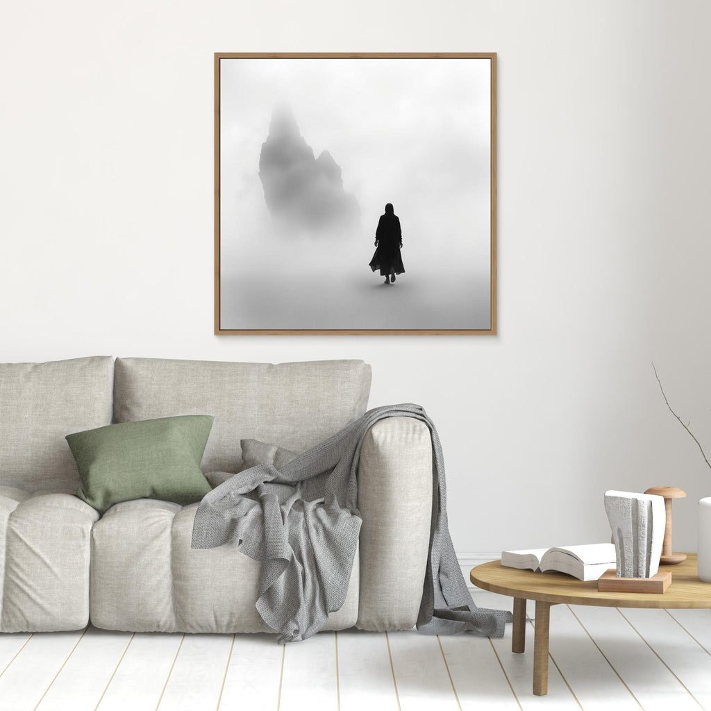 Into the Silence – Minimalist Black and White Canvas Art of Solitary Figure in Foggy Landscape