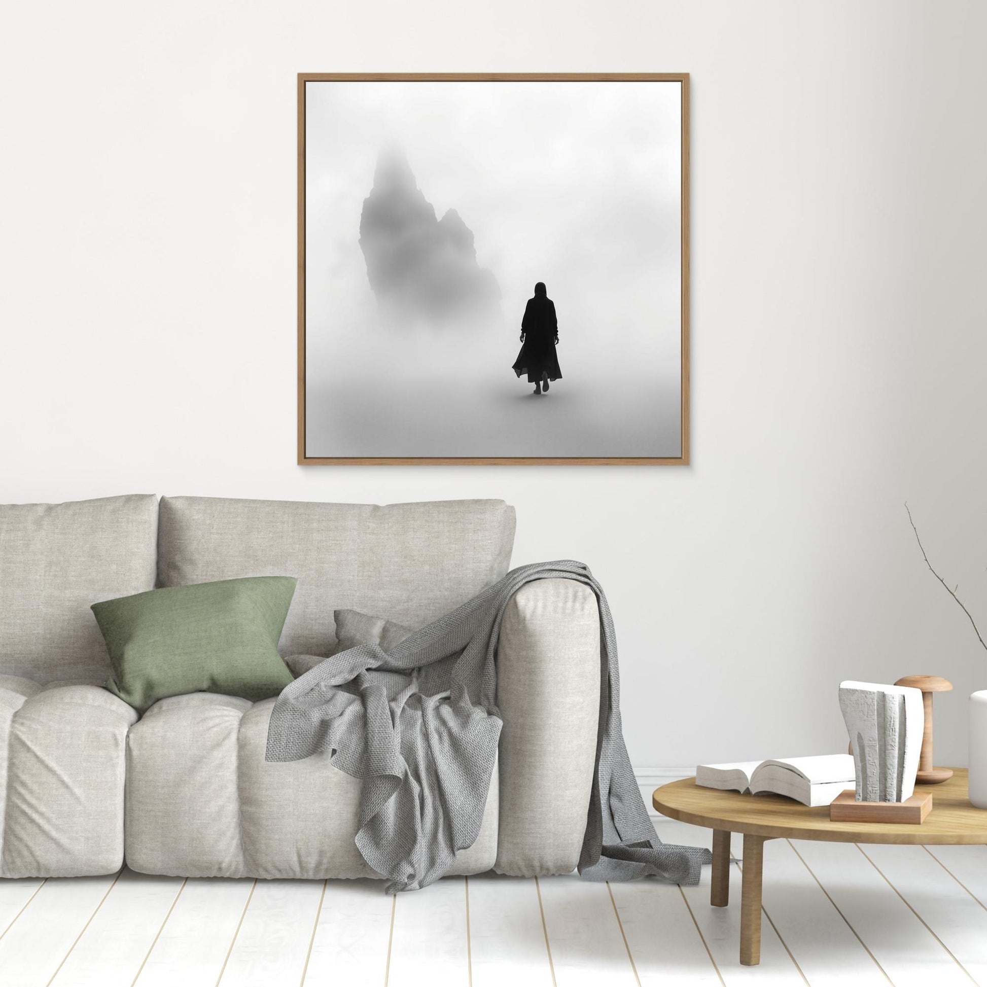 Into the Silence – Minimalist Black and White Canvas Art of Solitary Figure in Foggy Landscape