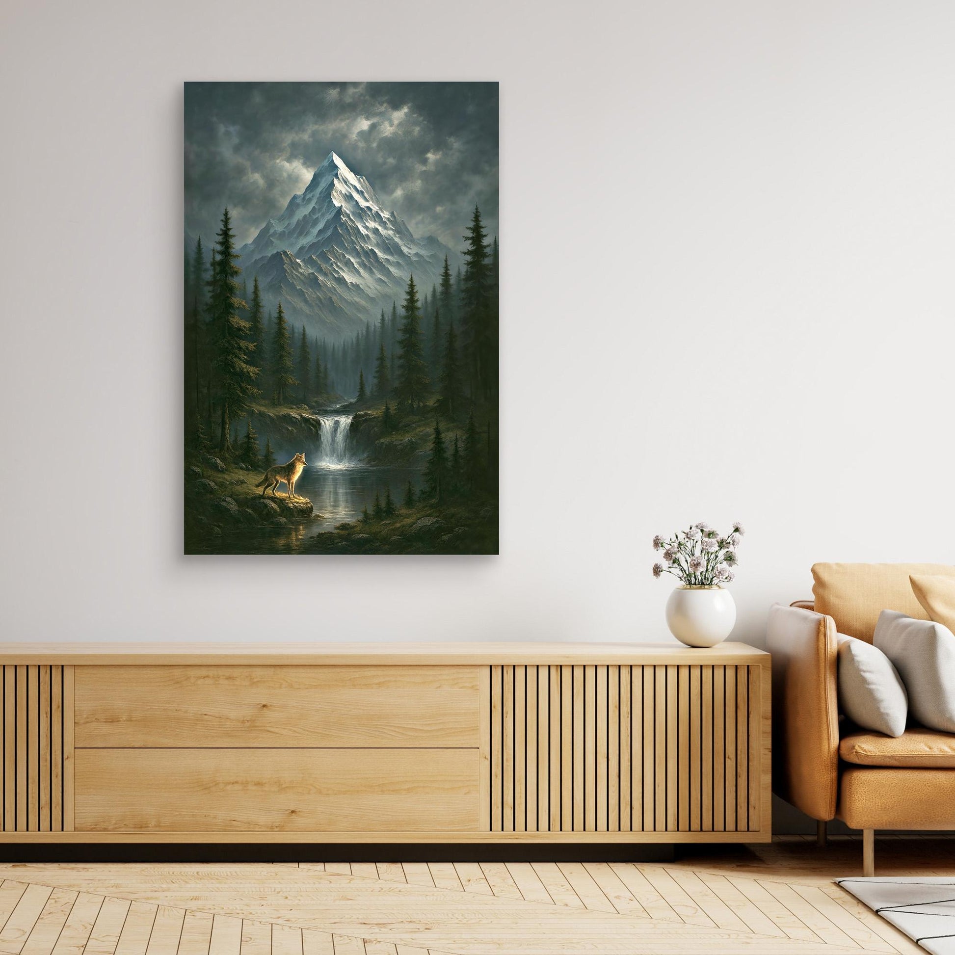 Wilderness Spirit – Wolf, Waterfall & Snowy Mountain Canvas Print