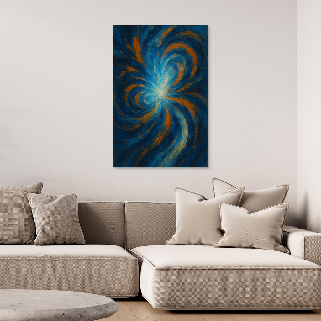 Blue and Orange Abstract Canvas Wall Art – Swirling Energy Print