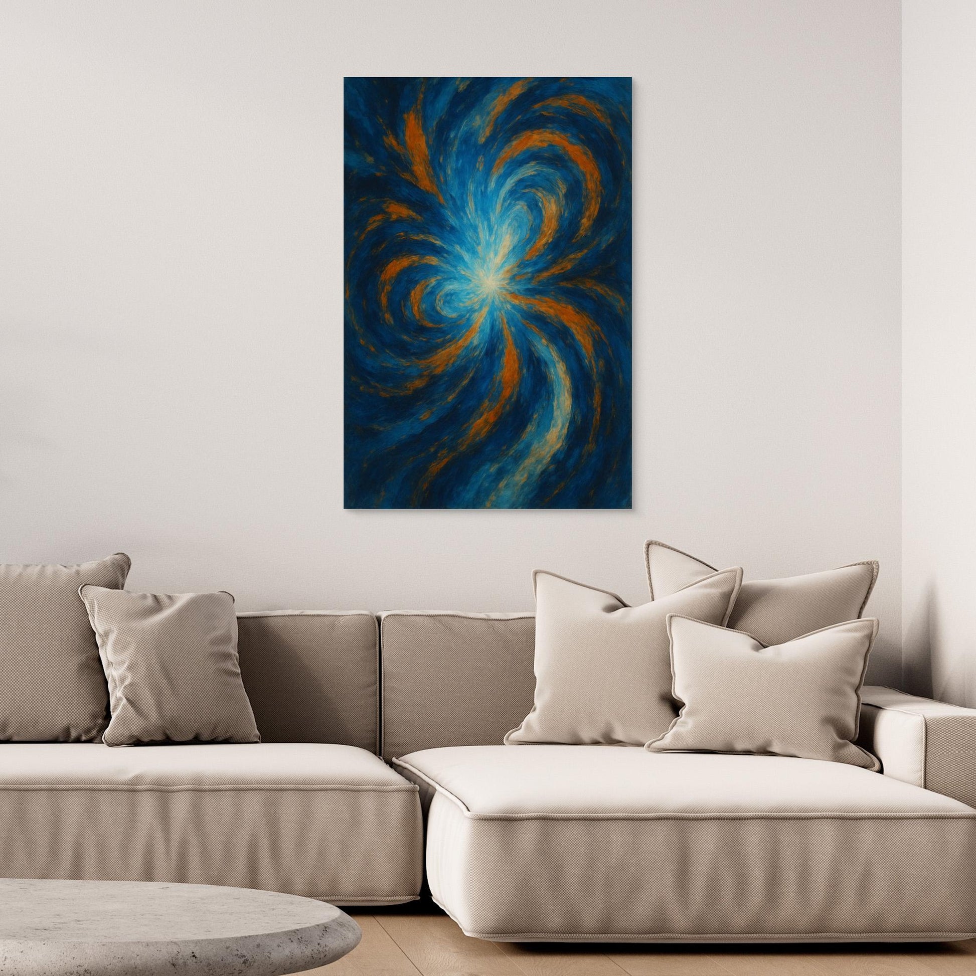 Blue and Orange Abstract Canvas Wall Art – Swirling Energy Print