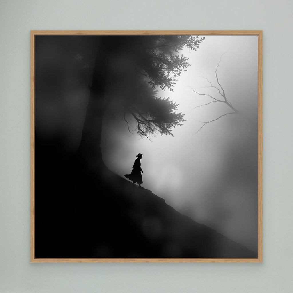 Mystic Walk Through the Fog – Black and White Nature Canvas Wall Art