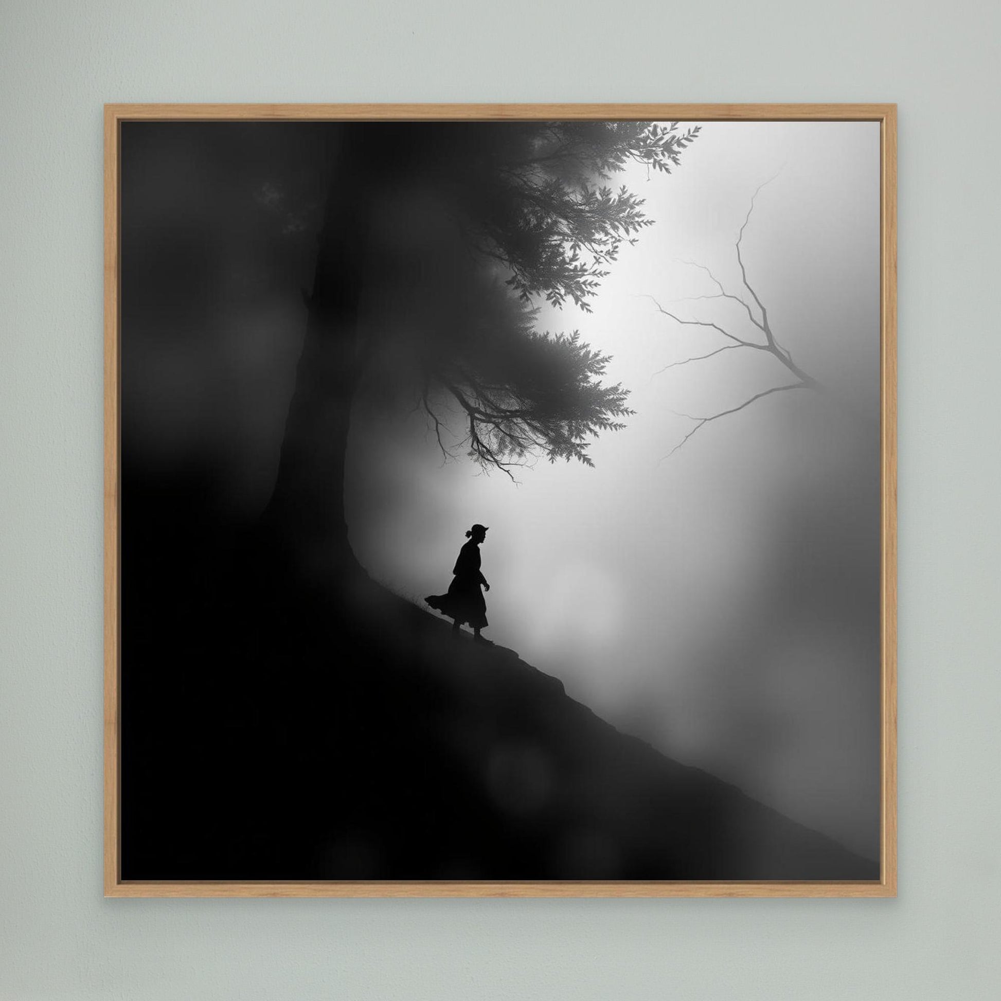 Mystic Walk Through the Fog – Black and White Nature Canvas Wall Art