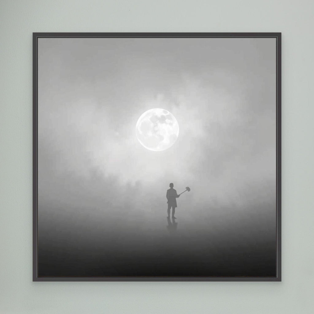 The Digger of Dreams – Minimalist Misty Landscape Art with Full Moon & Shovel Silhouette”