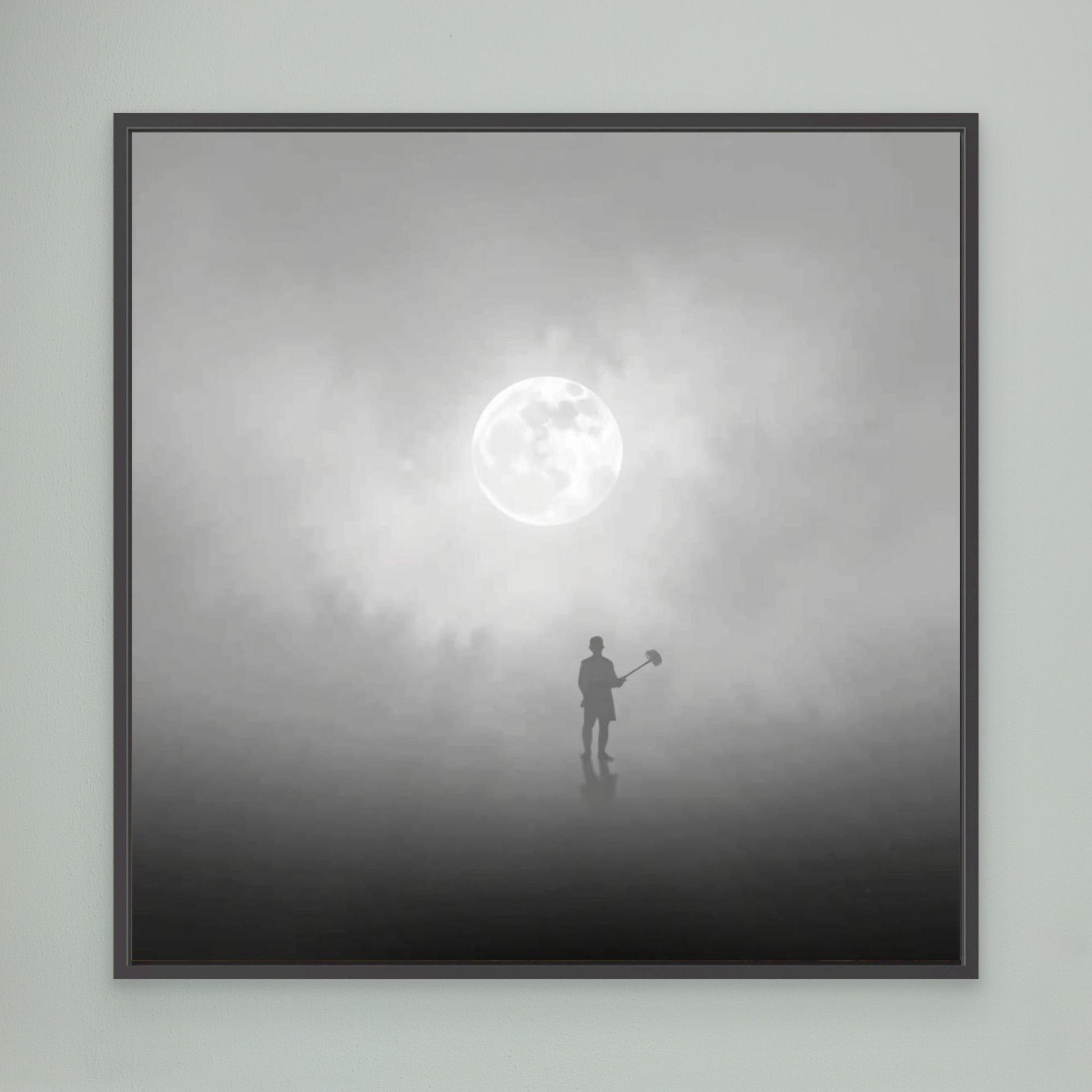 The Digger of Dreams – Minimalist Misty Landscape Art with Full Moon & Shovel Silhouette”
