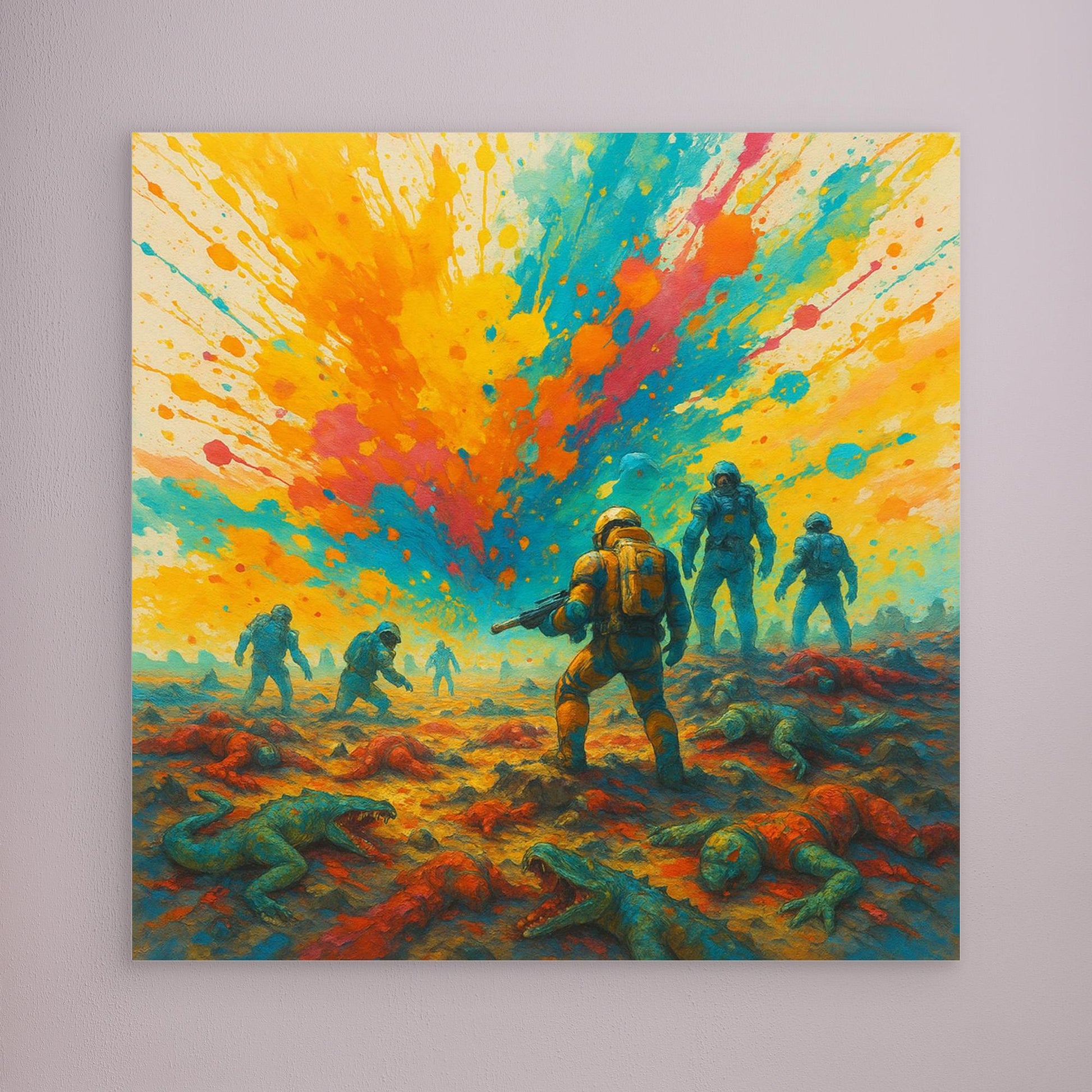 Galactic Apes: Explosion of Victory – Colorful Sci-Fi Canvas Wall Art Print