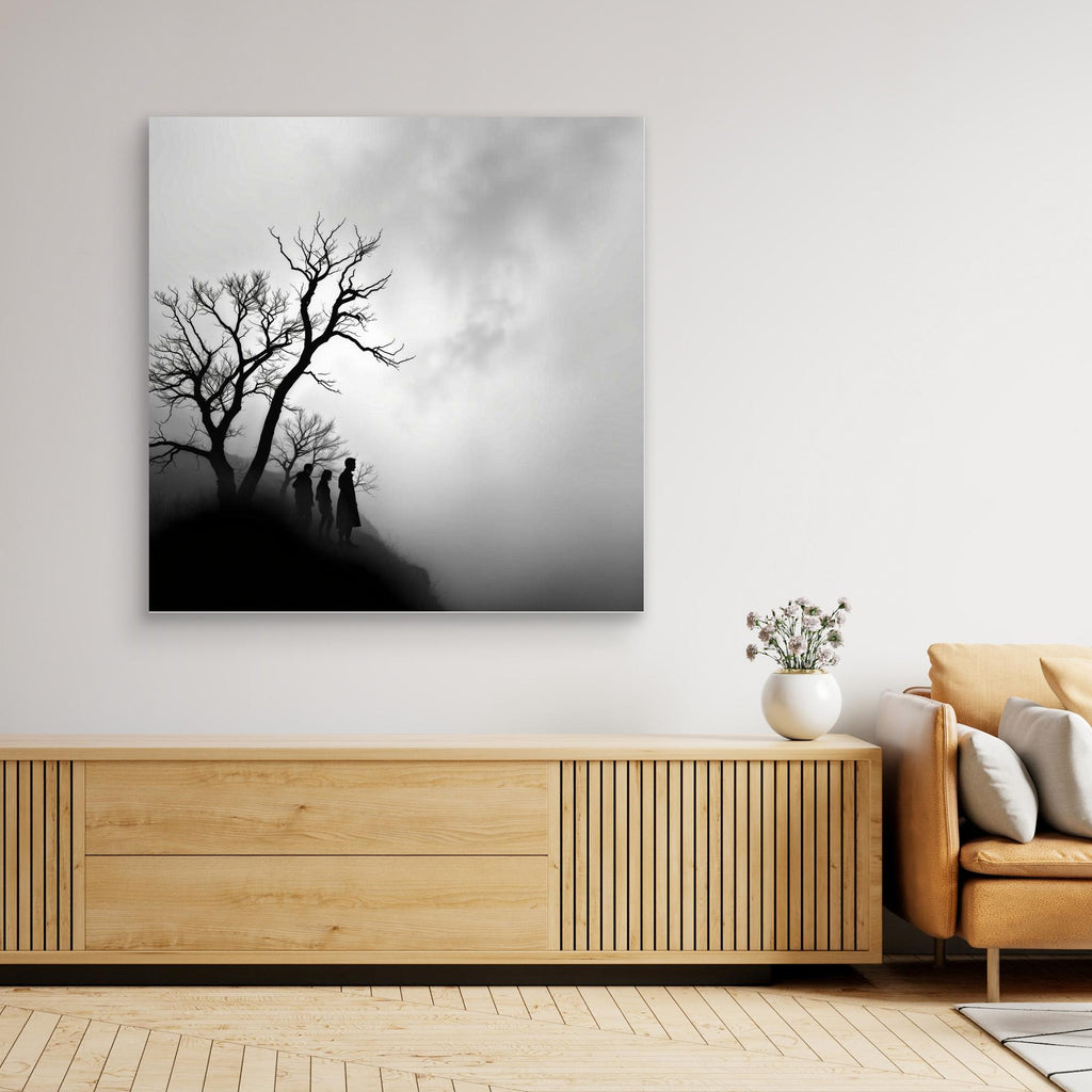 Edge of Silence – Minimalist Black & White Canvas Art | Surreal Fog Landscape with Silhouettes