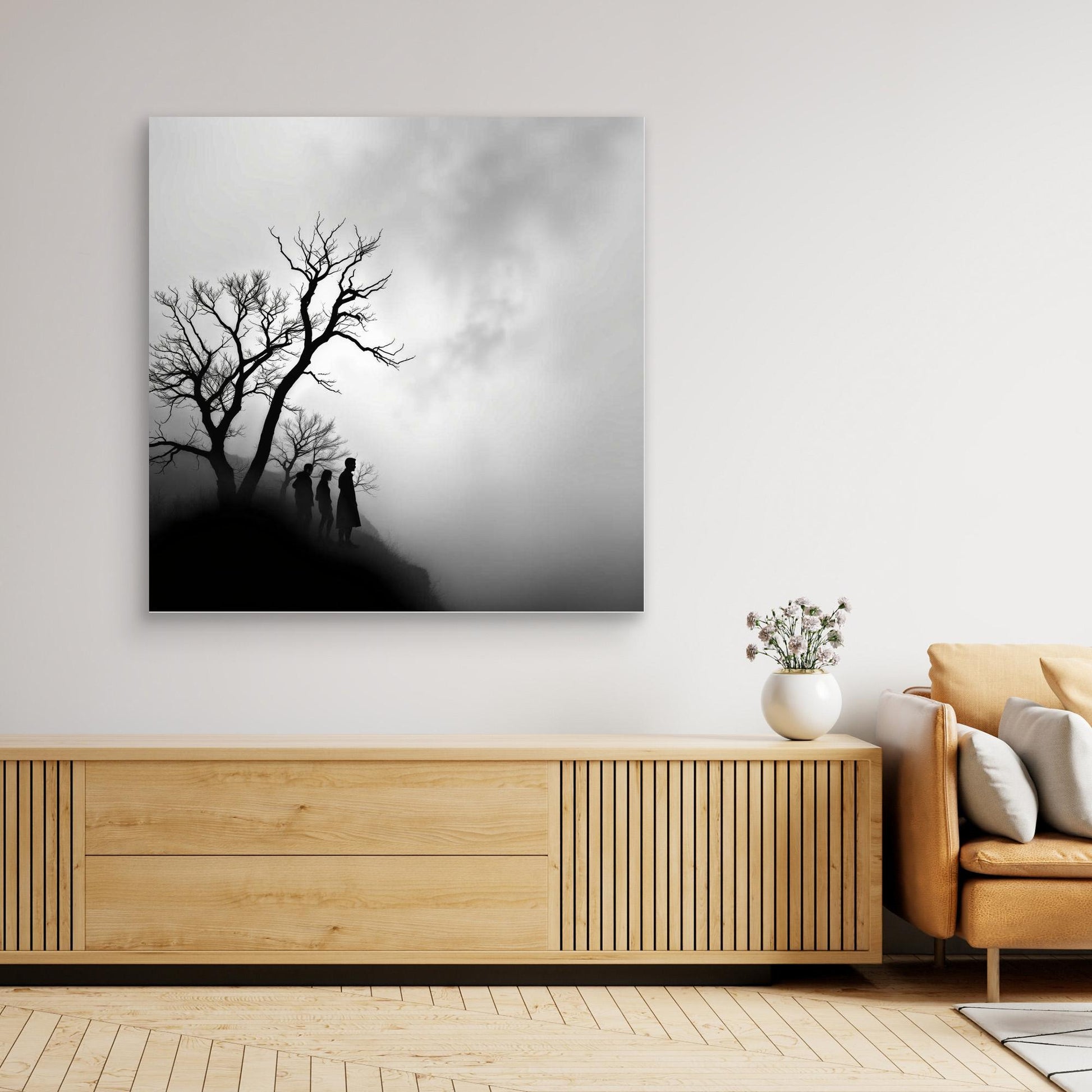 Edge of Silence – Minimalist Black & White Canvas Art | Surreal Fog Landscape with Silhouettes