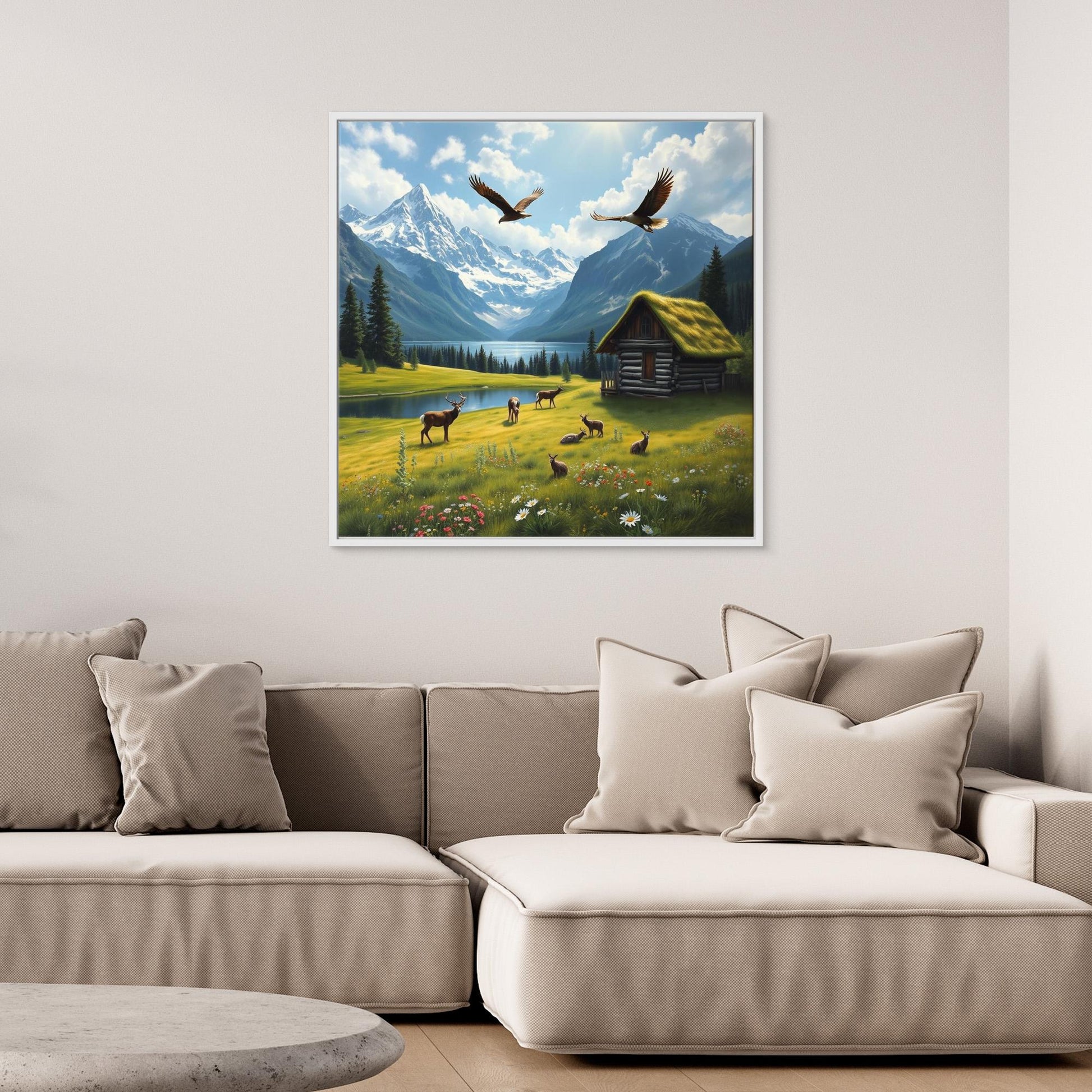 Alpine Sanctuary – Wildlife and Cabin by the Lake Canvas Art