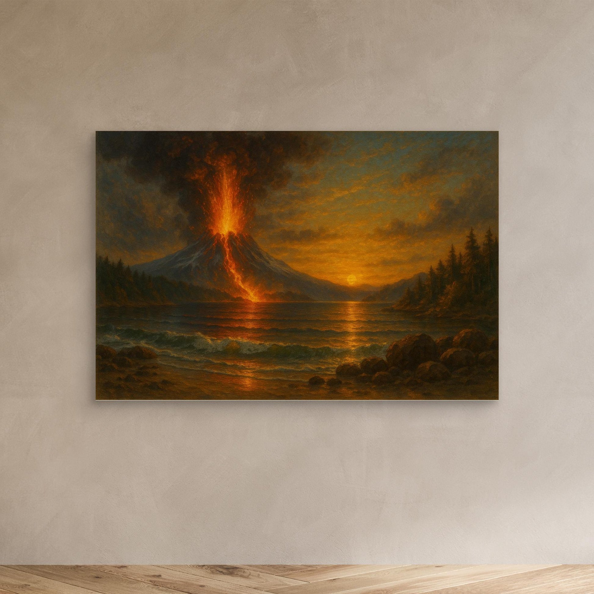 “Eruption at Sunset” – Dramatic Volcanic Landscape Canvas Wall Art