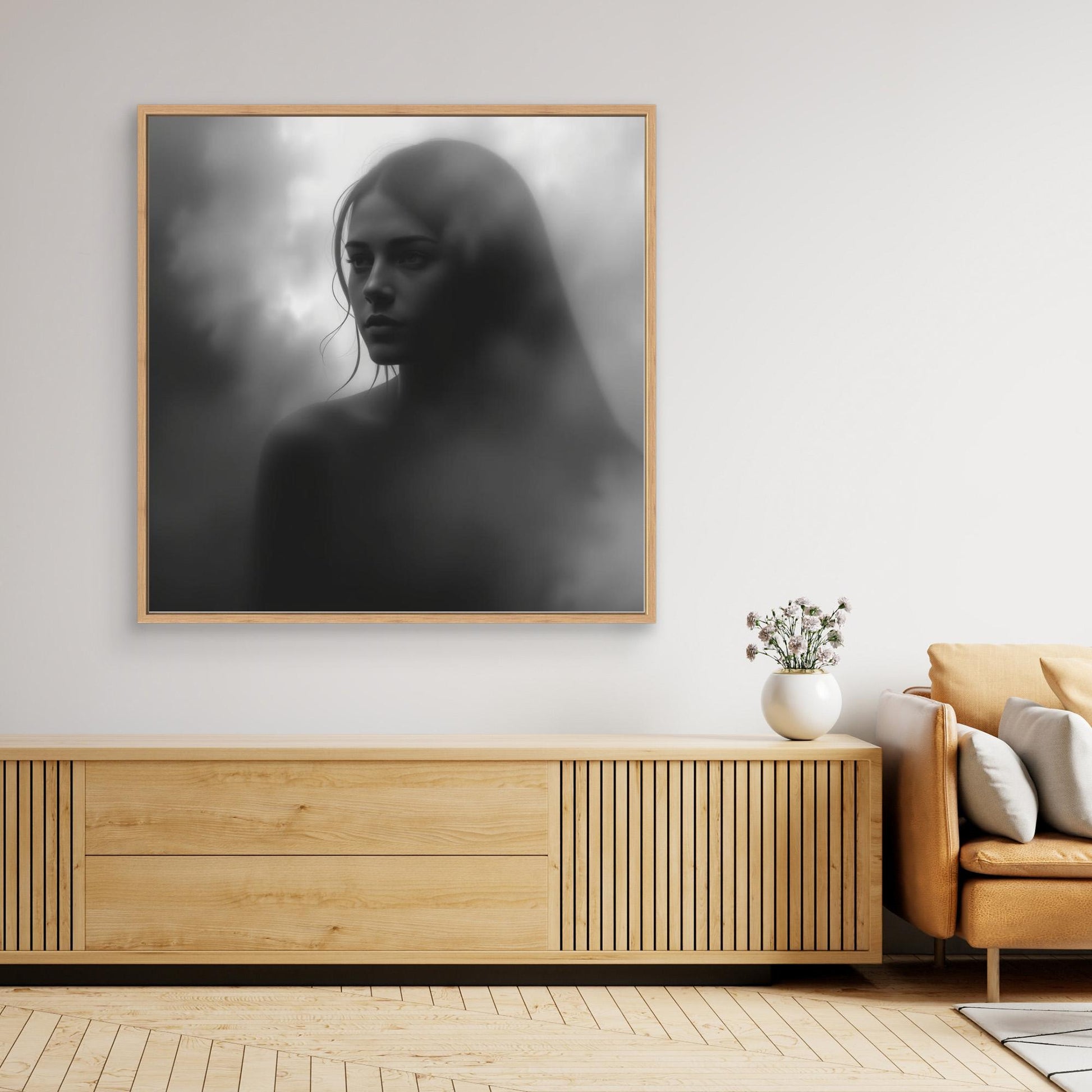 Veiled in Shadows – Black and White Portrait Canvas Print | Emotional Fine Art Photography