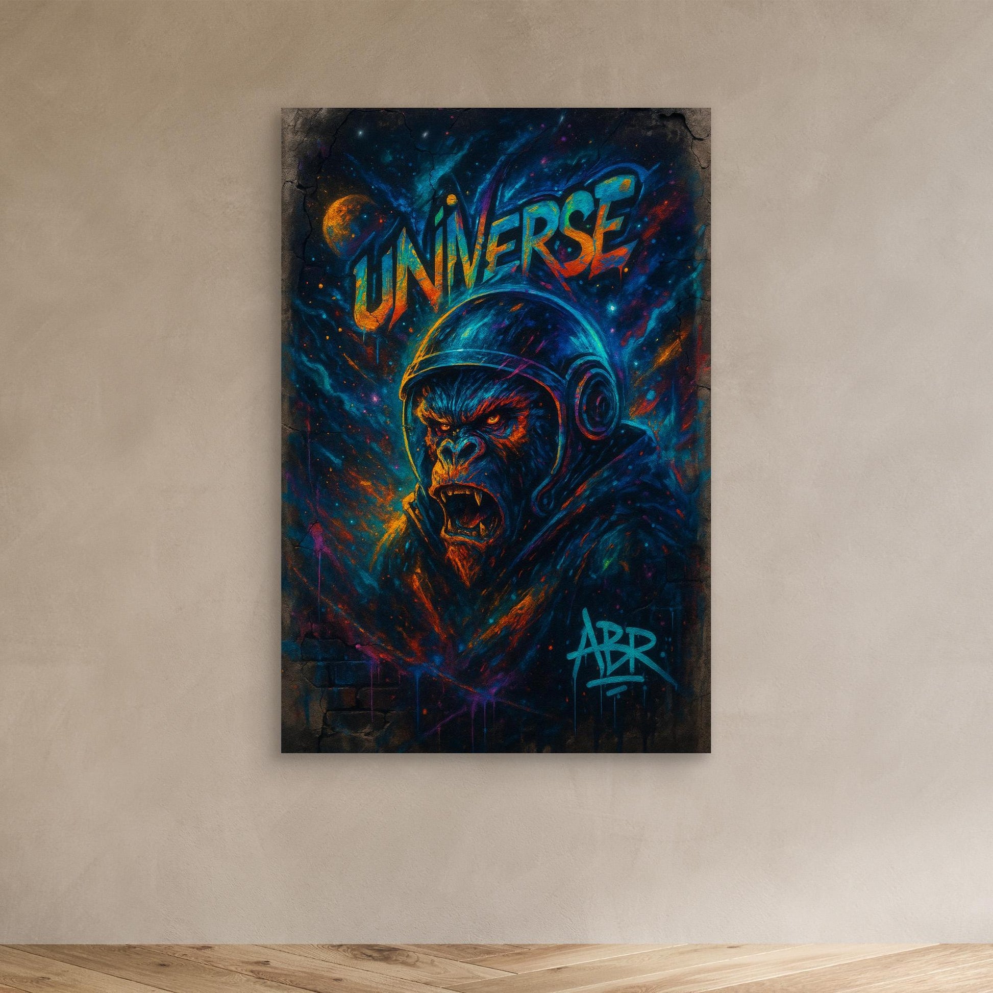 Astronaut Gorilla Canvas Wall Art – Urban Neon Space Graffiti