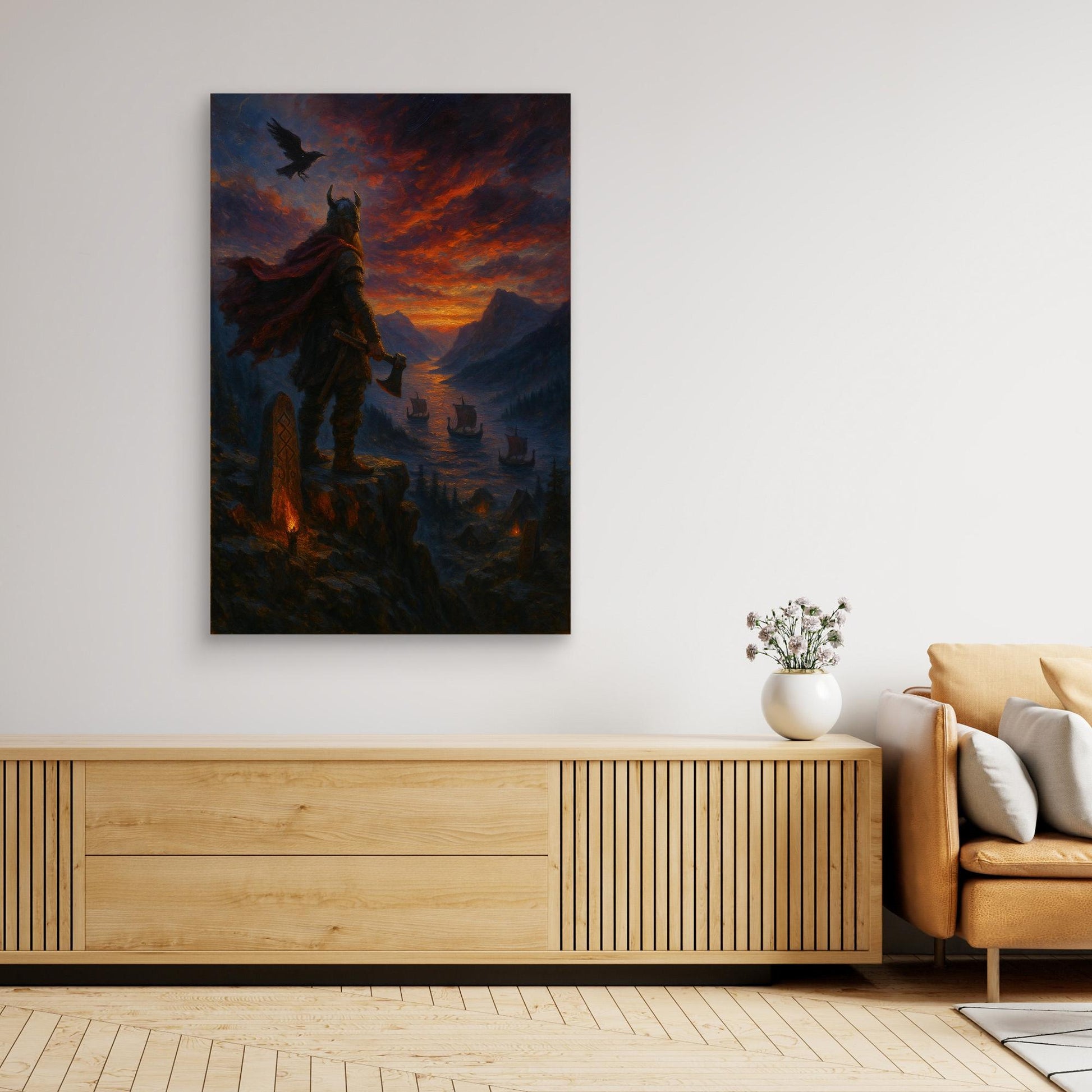 Viking Warrior Canvas Wall Art – Norse Sunset Print