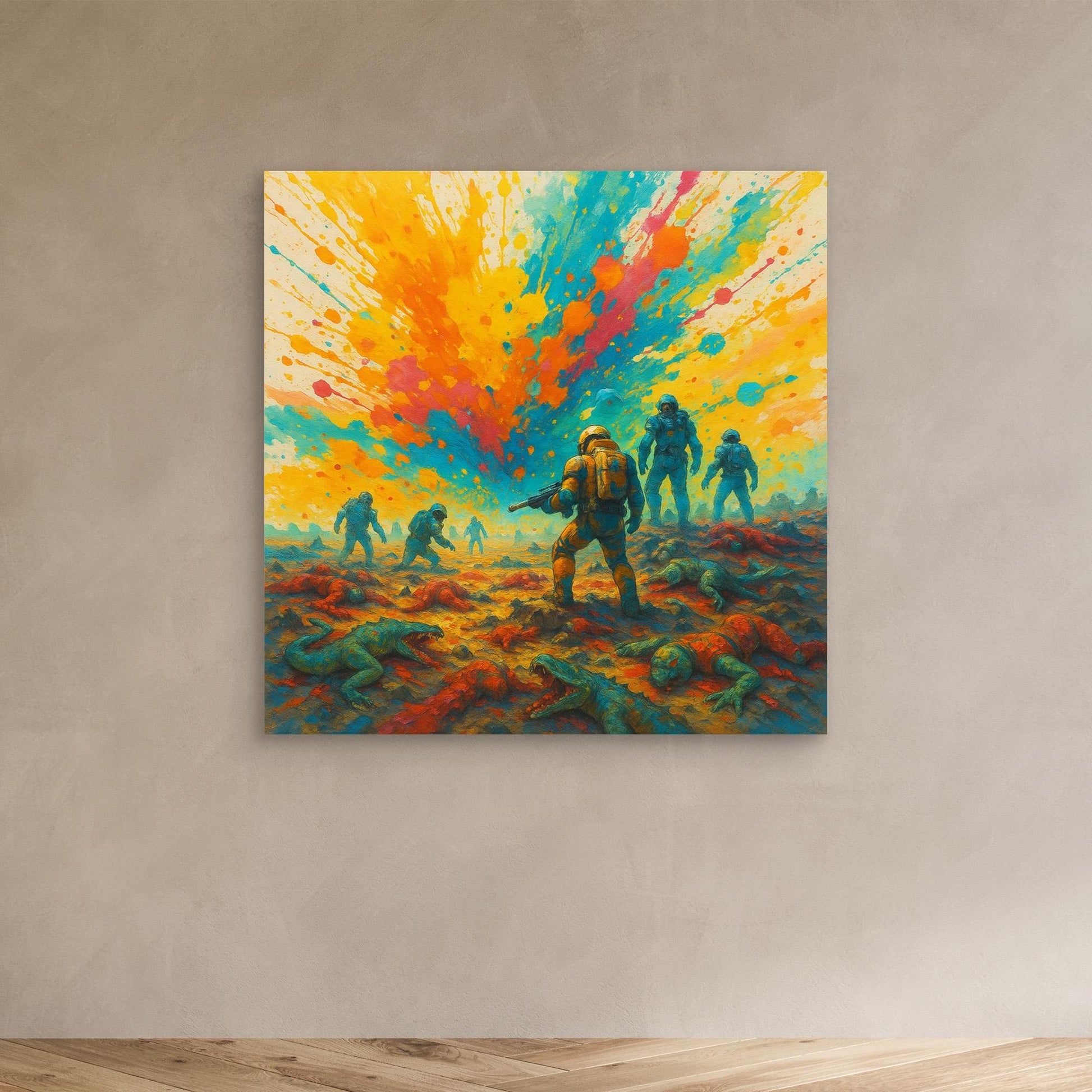 Galactic Apes: Explosion of Victory – Colorful Sci-Fi Canvas Wall Art Print