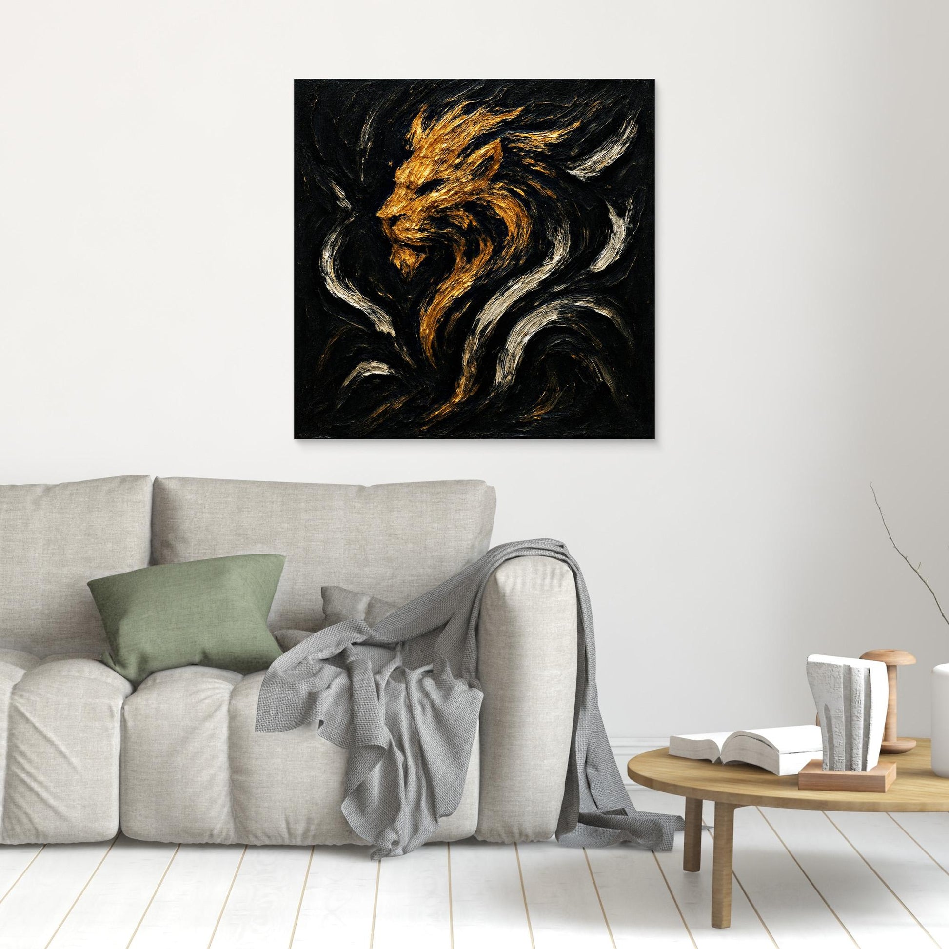 Abstract Lion Canvas Wall Art – Gold and Black Modern Print