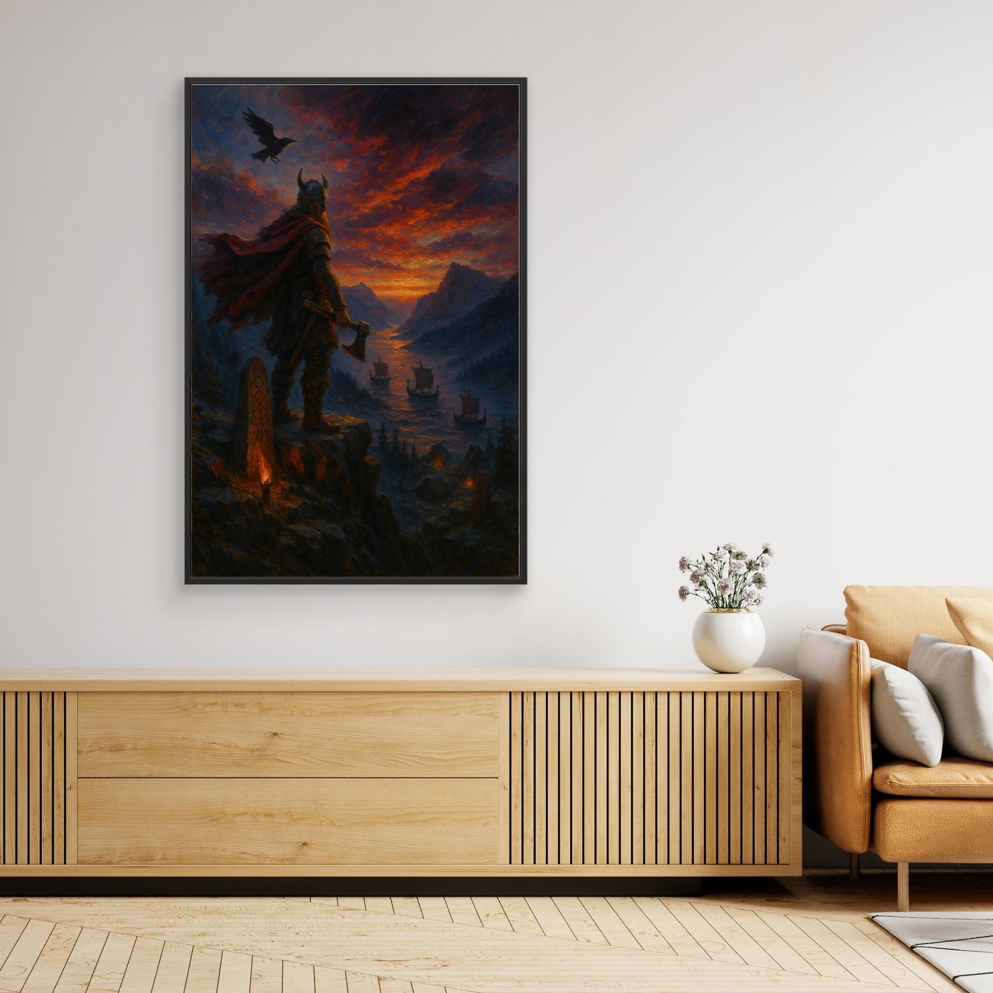 Viking Warrior Canvas Wall Art – Norse Sunset Print