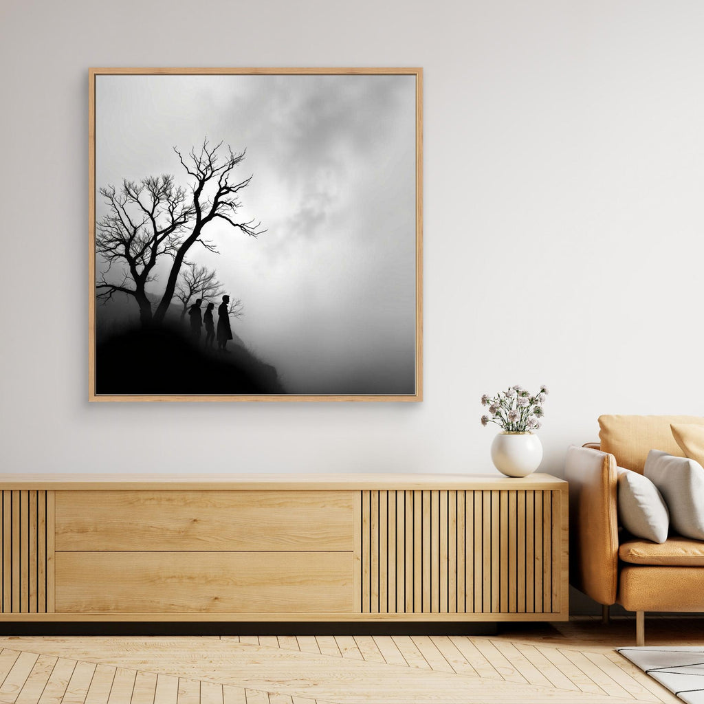 Edge of Silence – Minimalist Black & White Canvas Art | Surreal Fog Landscape with Silhouettes