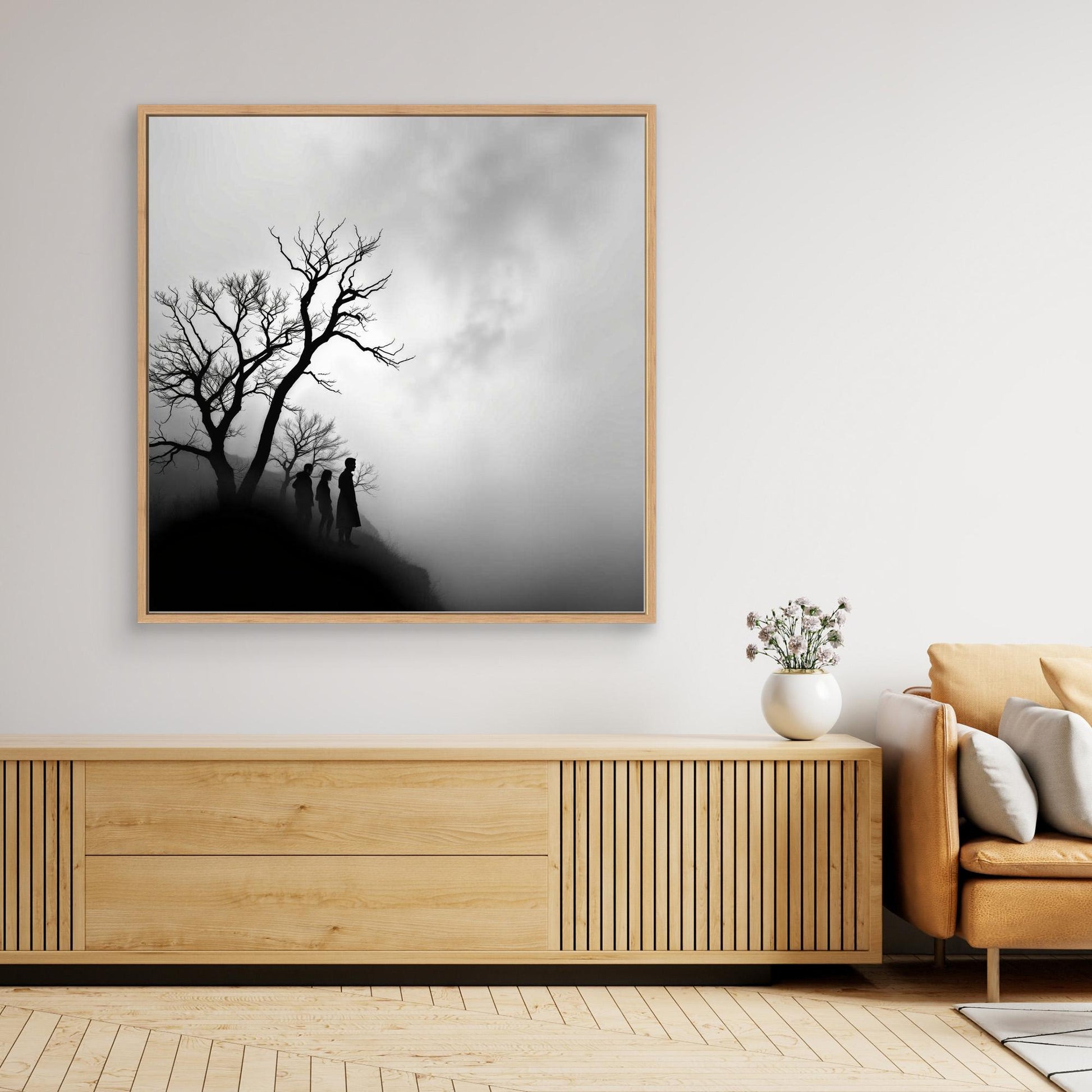 Edge of Silence – Minimalist Black & White Canvas Art | Surreal Fog Landscape with Silhouettes