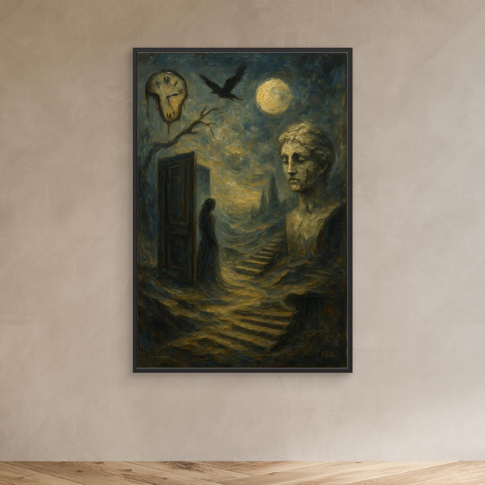 Surreal Dreamscape Canvas Wall Art – Moon and Statue